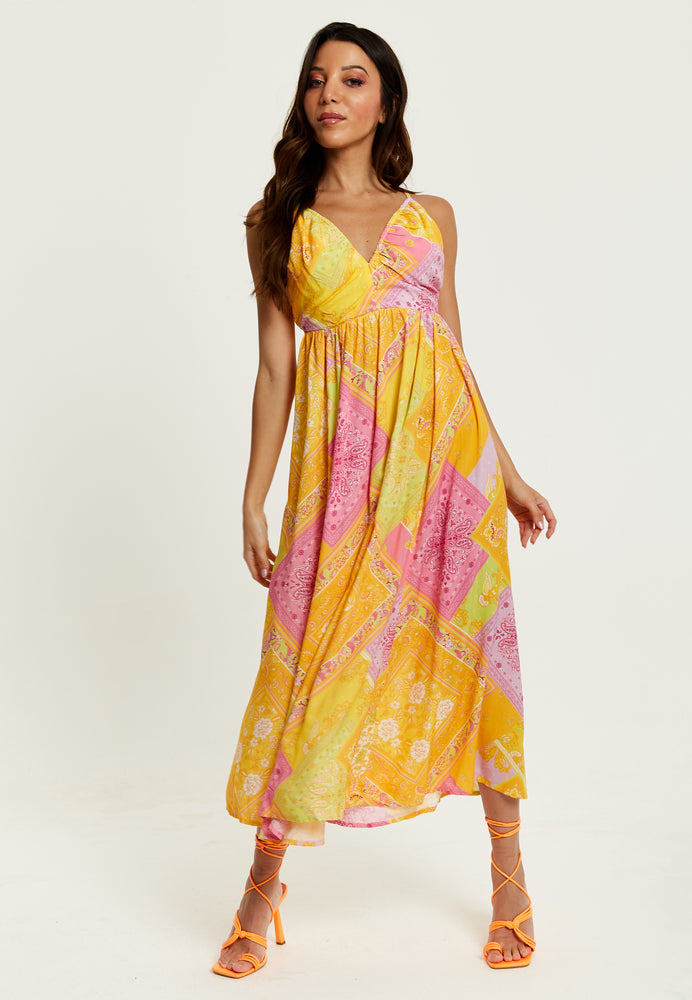 Liquorish Paisley Print Strappy Midi Dress In Yellow and Pink
