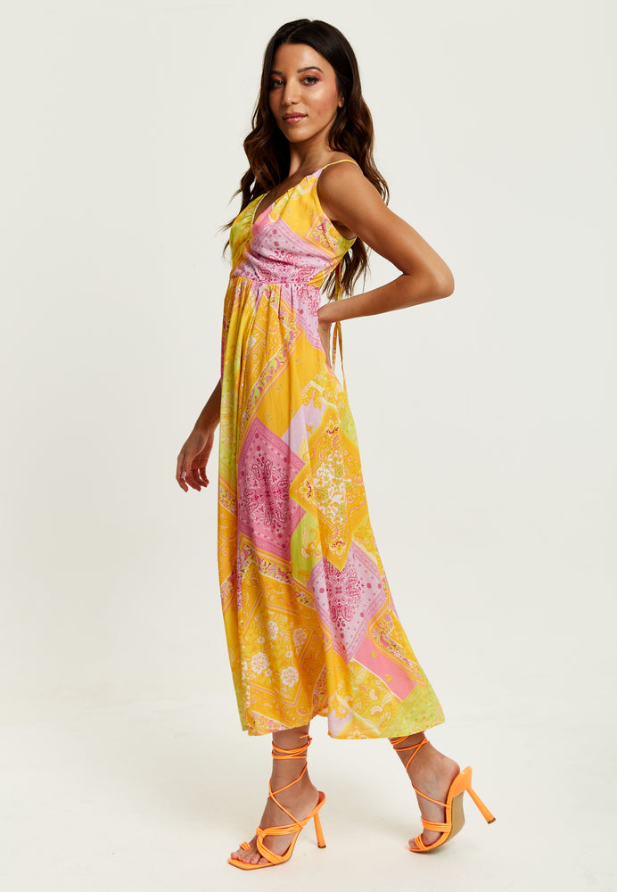 Liquorish Paisley Print Strappy Midi Dress In Yellow and Pink
