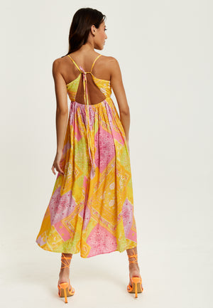 Liquorish Paisley Print Strappy Midi Dress In Yellow and Pink