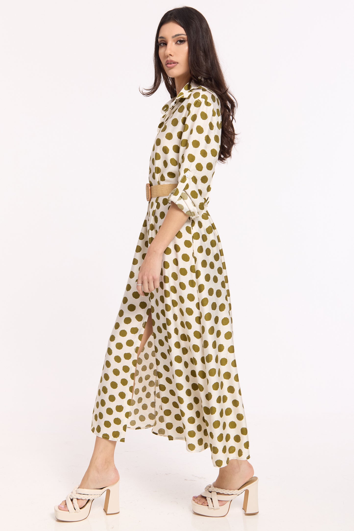 
                  
                    Polka Dot Belted Midi Shirt Dress
                  
                