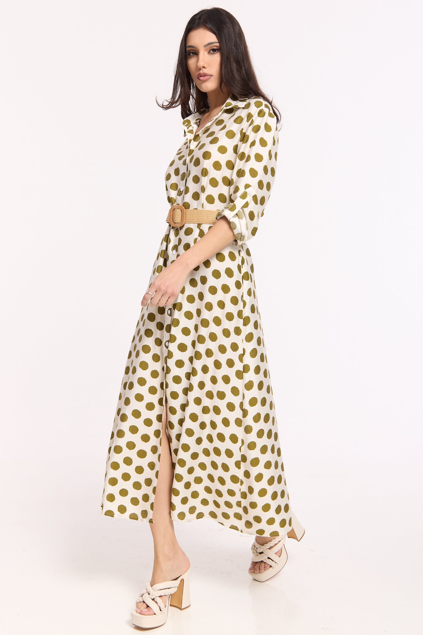
                  
                    Polka Dot Belted Midi Shirt Dress
                  
                