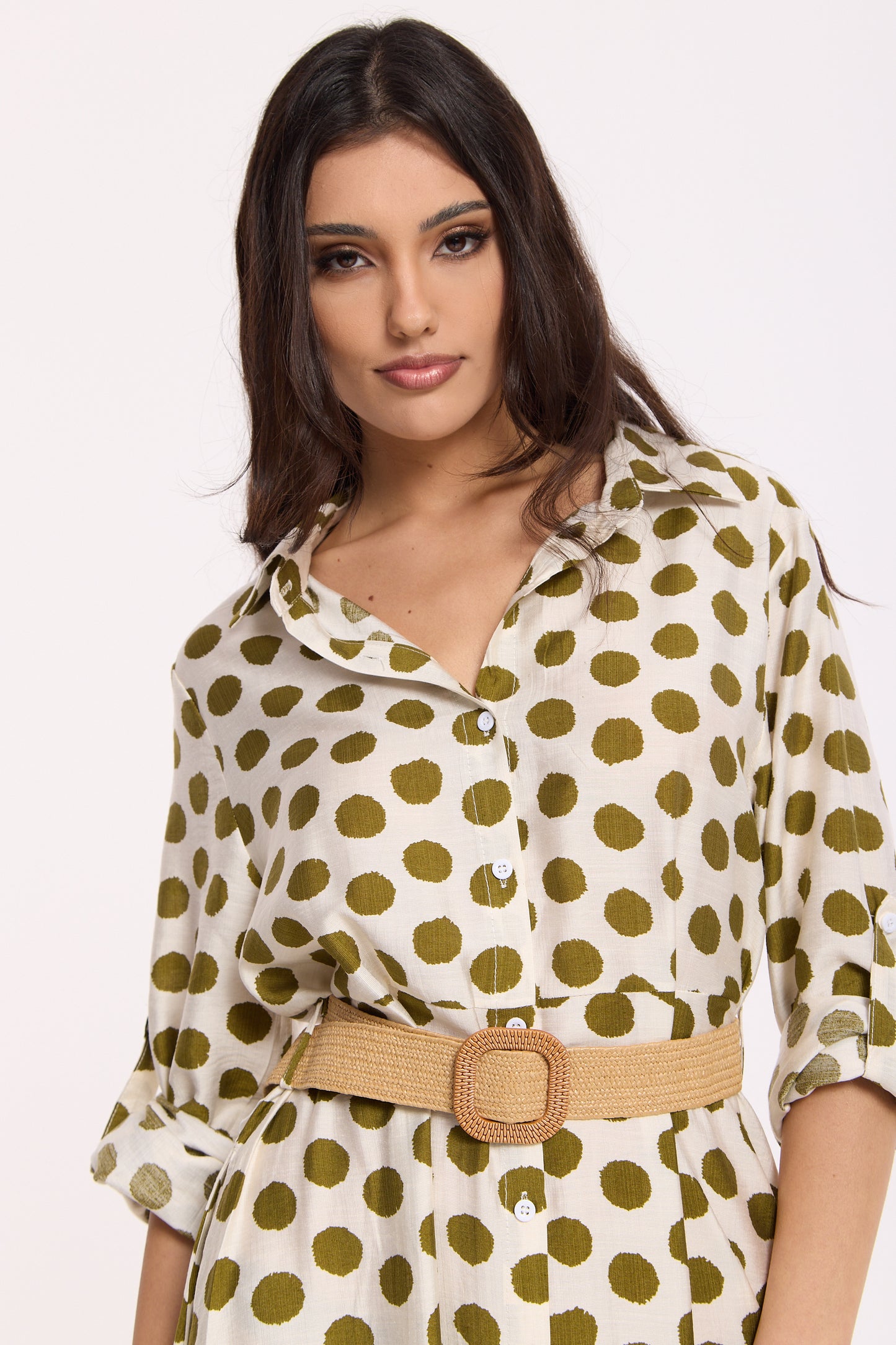 
                  
                    Polka Dot Belted Midi Shirt Dress
                  
                