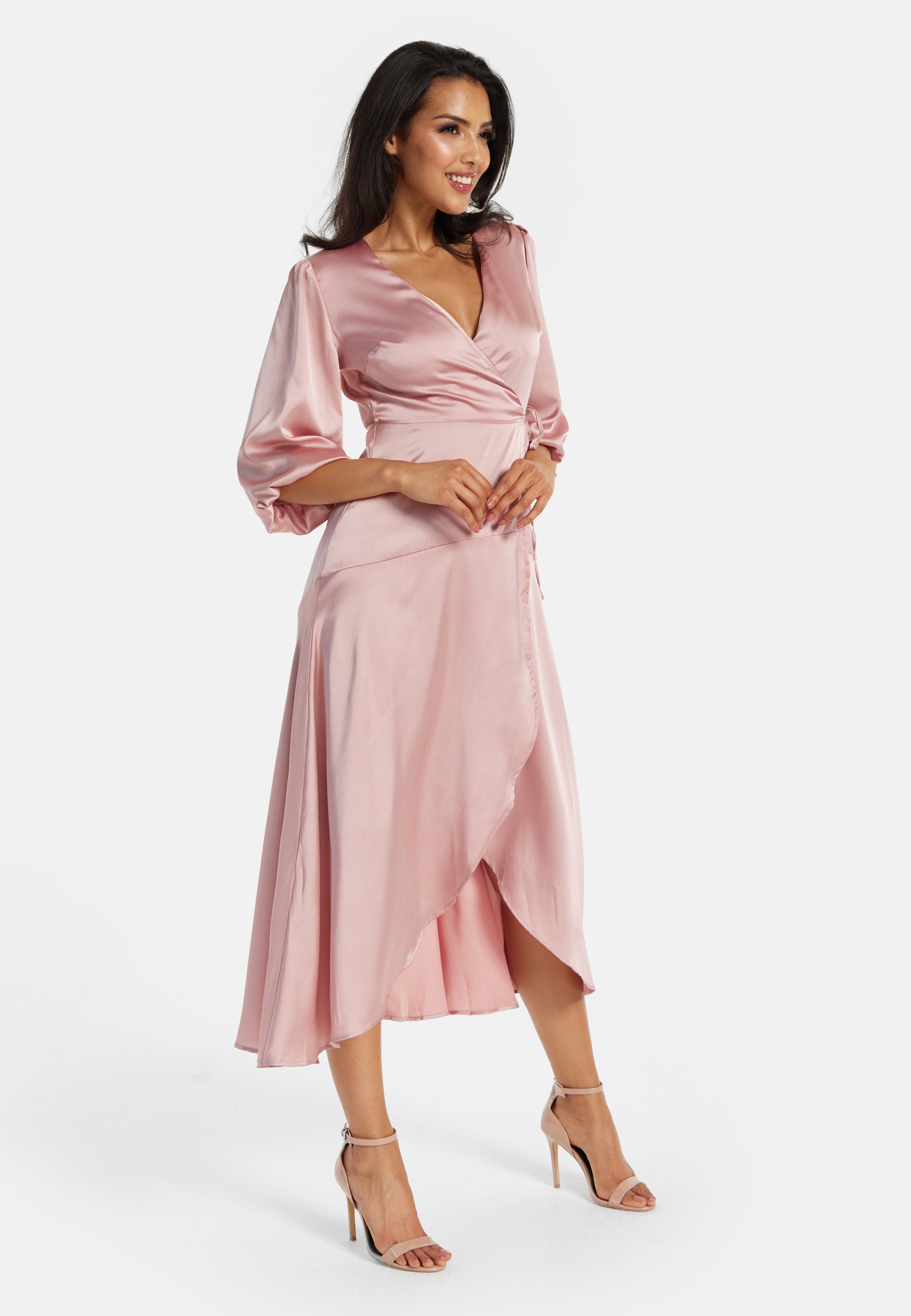 Women's Midi Dress in Pink with Short Puff Sleeves - Elegant Wrap Desi –  Liquorish Online