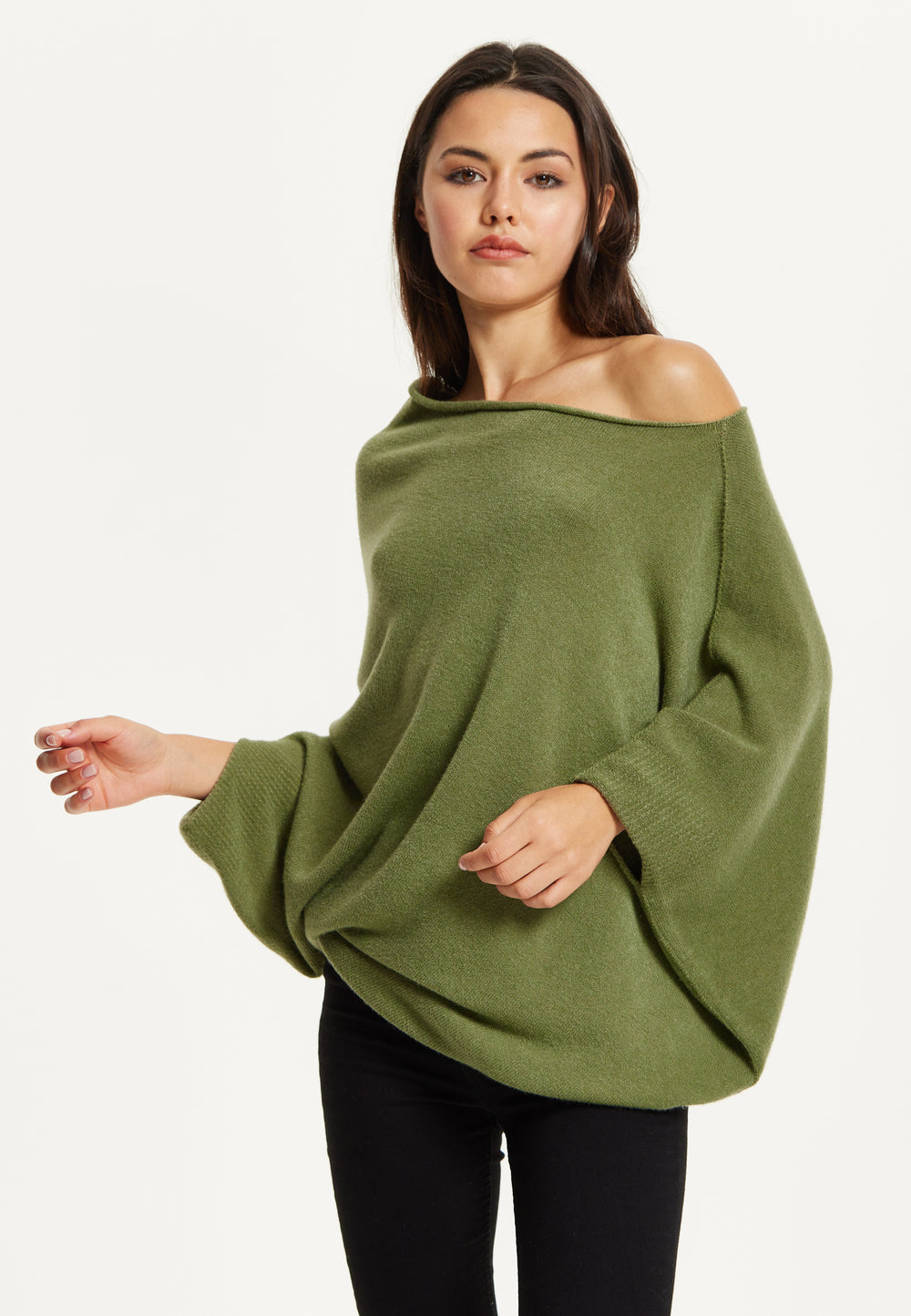 Khaki Off-Shoulder Knit Poncho Top