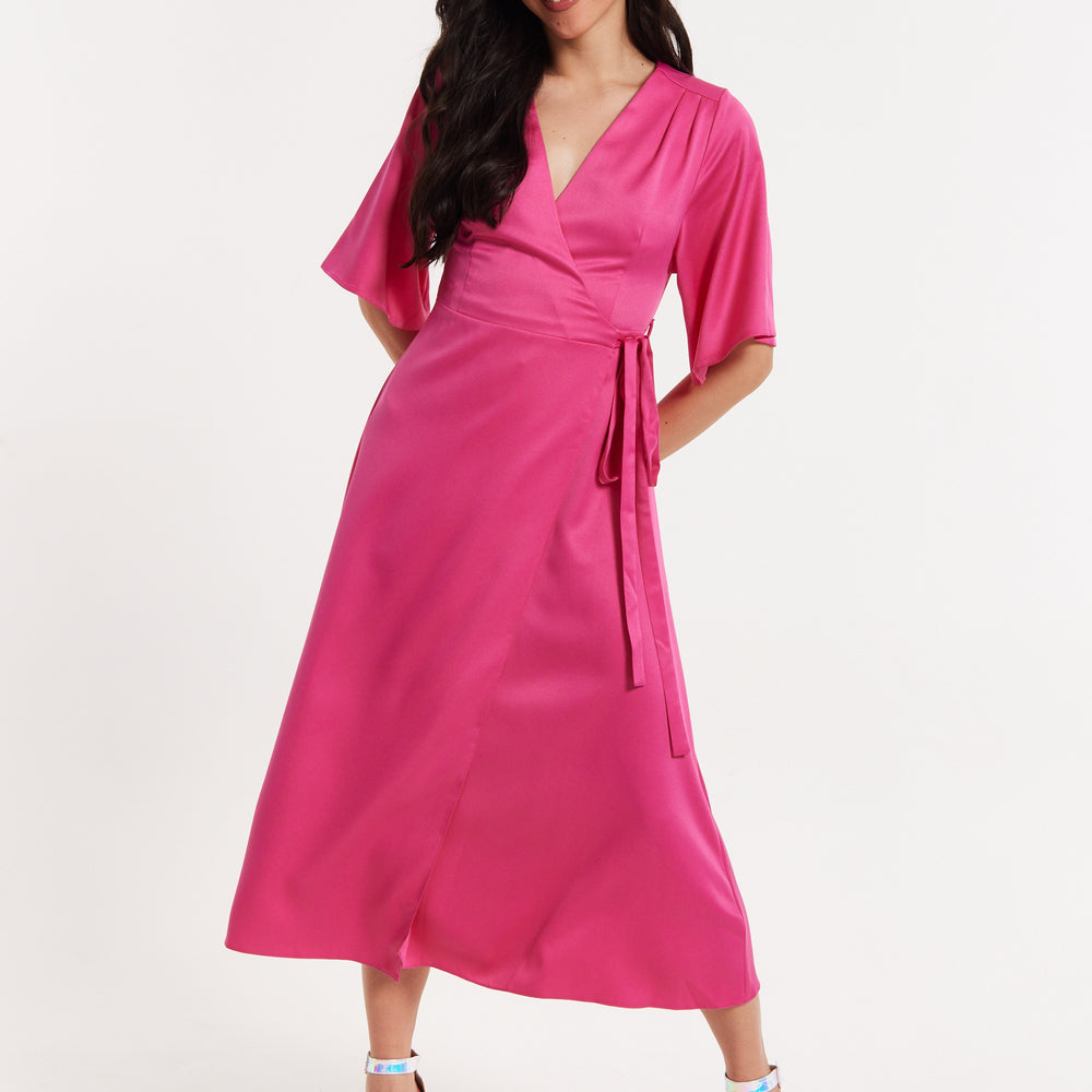 
                  
                    Pink Satin Kimono Sleeve Maxi Wrap Dress
                  
                