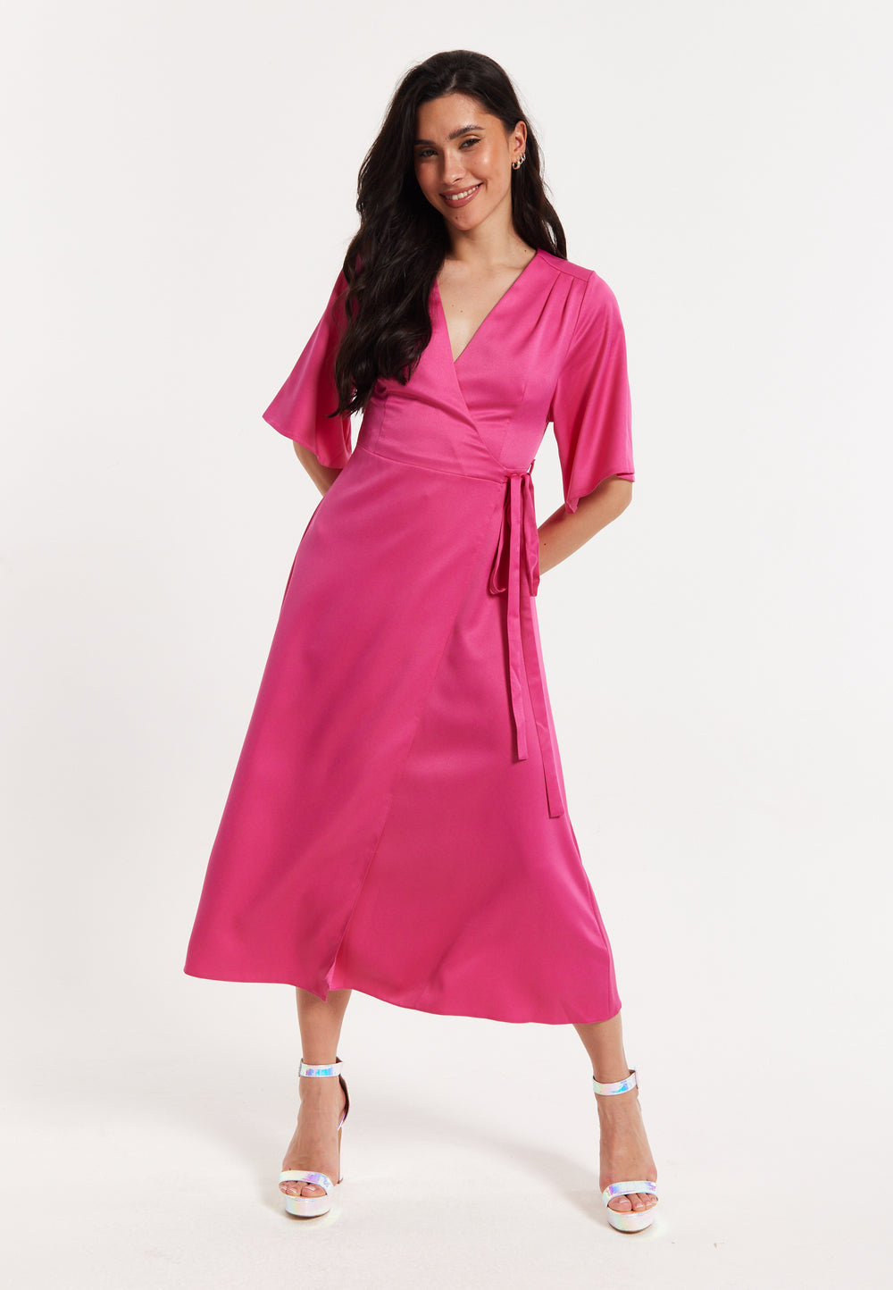 Pink Satin Kimono Sleeve Maxi Wrap Dress