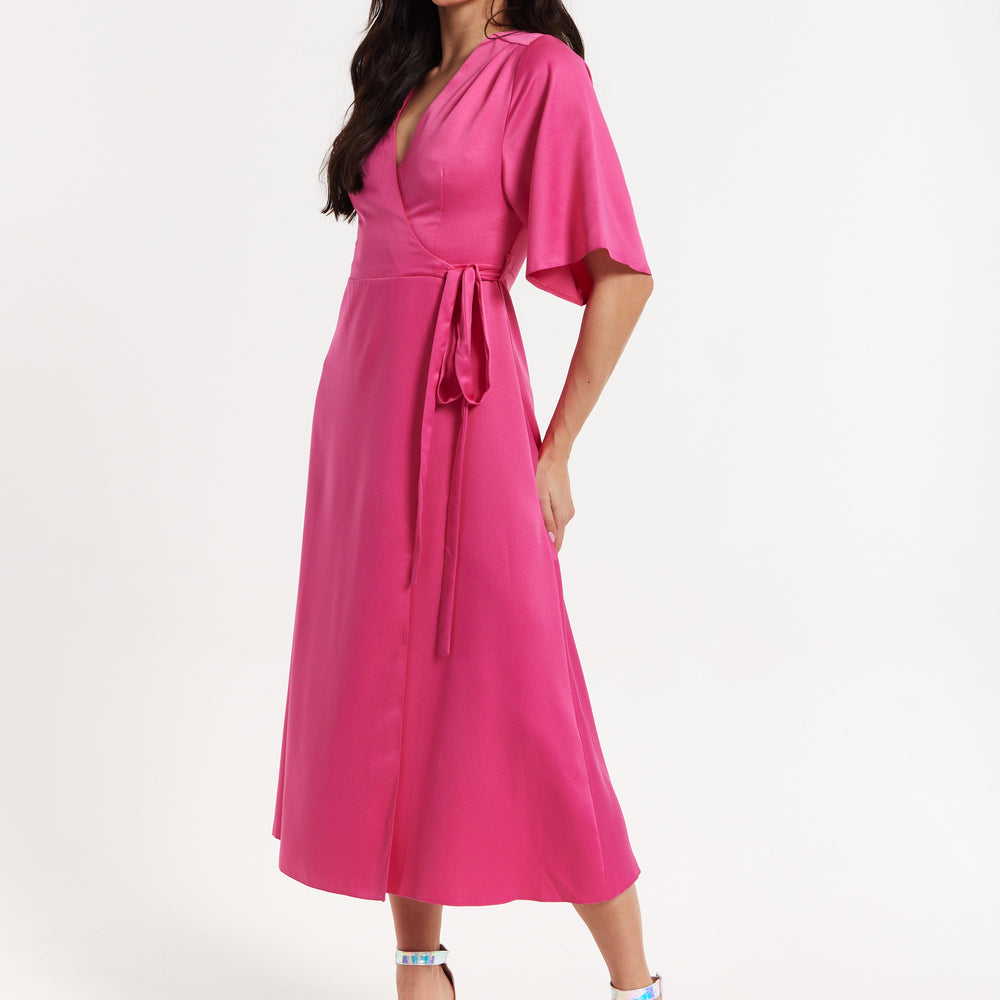 
                  
                    Pink Satin Kimono Sleeve Maxi Wrap Dress
                  
                