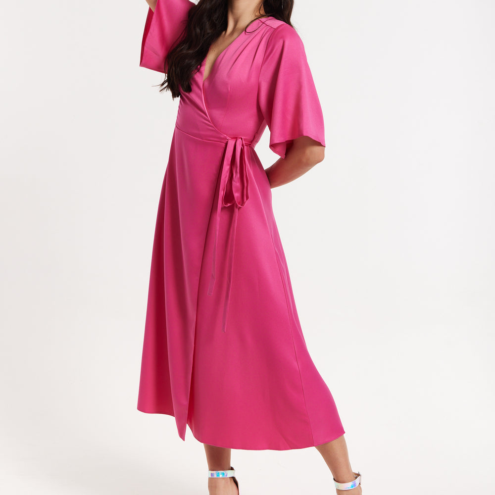 
                  
                    Pink Satin Kimono Sleeve Maxi Wrap Dress
                  
                