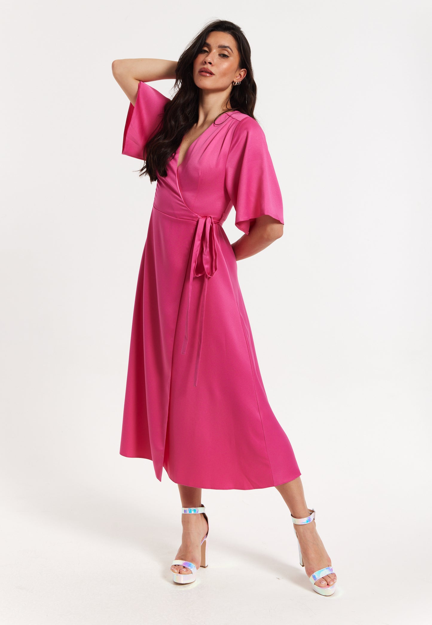 
                  
                    Pink Satin Kimono Sleeve Maxi Wrap Dress
                  
                