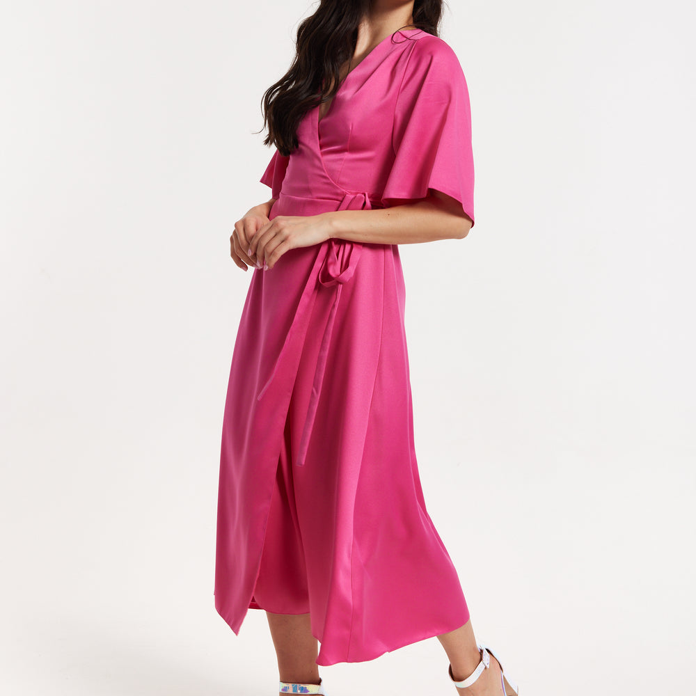 
                  
                    Pink Satin Kimono Sleeve Maxi Wrap Dress
                  
                