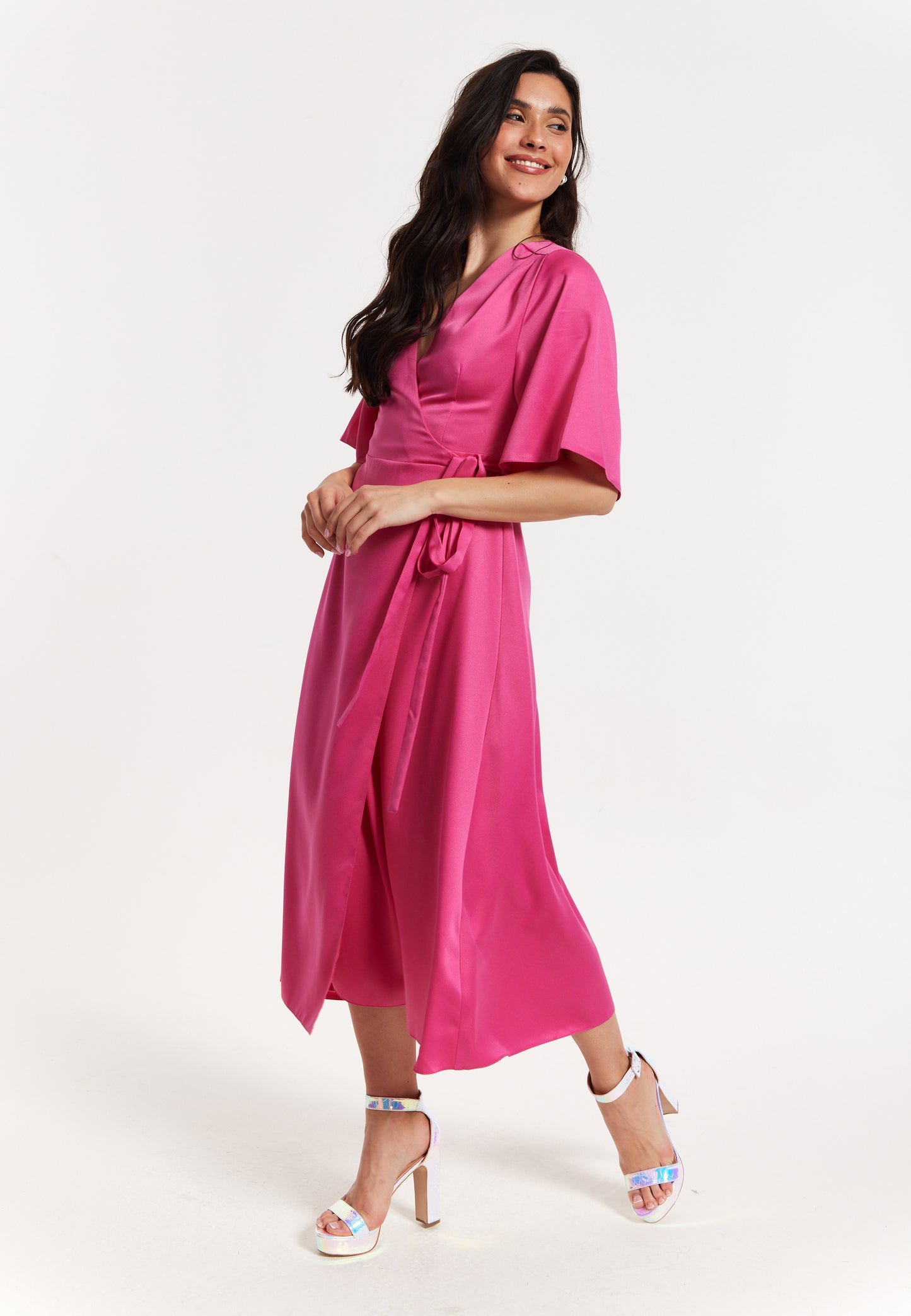 
                  
                    Pink Satin Kimono Sleeve Maxi Wrap Dress
                  
                