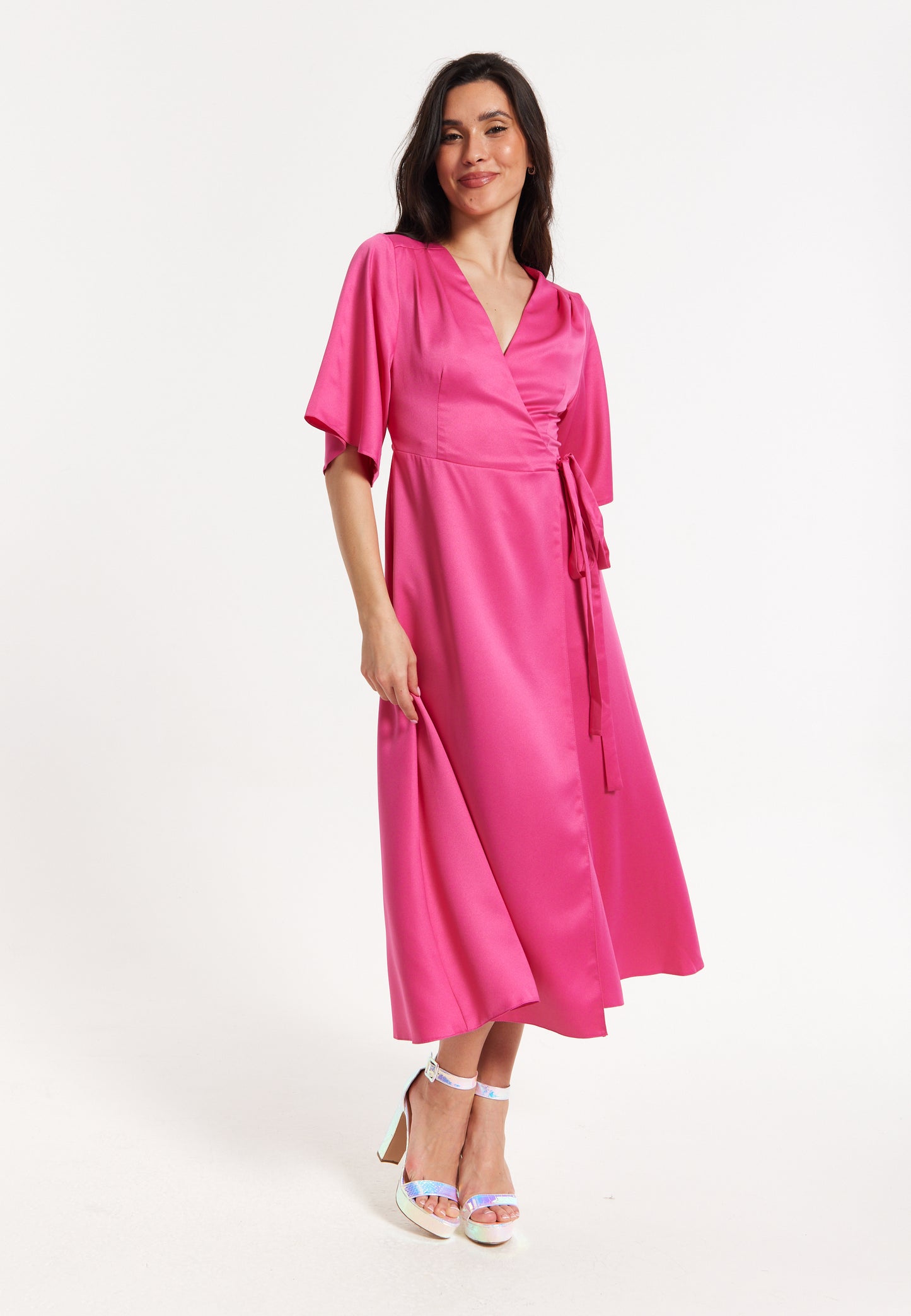 
                  
                    Pink Satin Kimono Sleeve Maxi Wrap Dress
                  
                