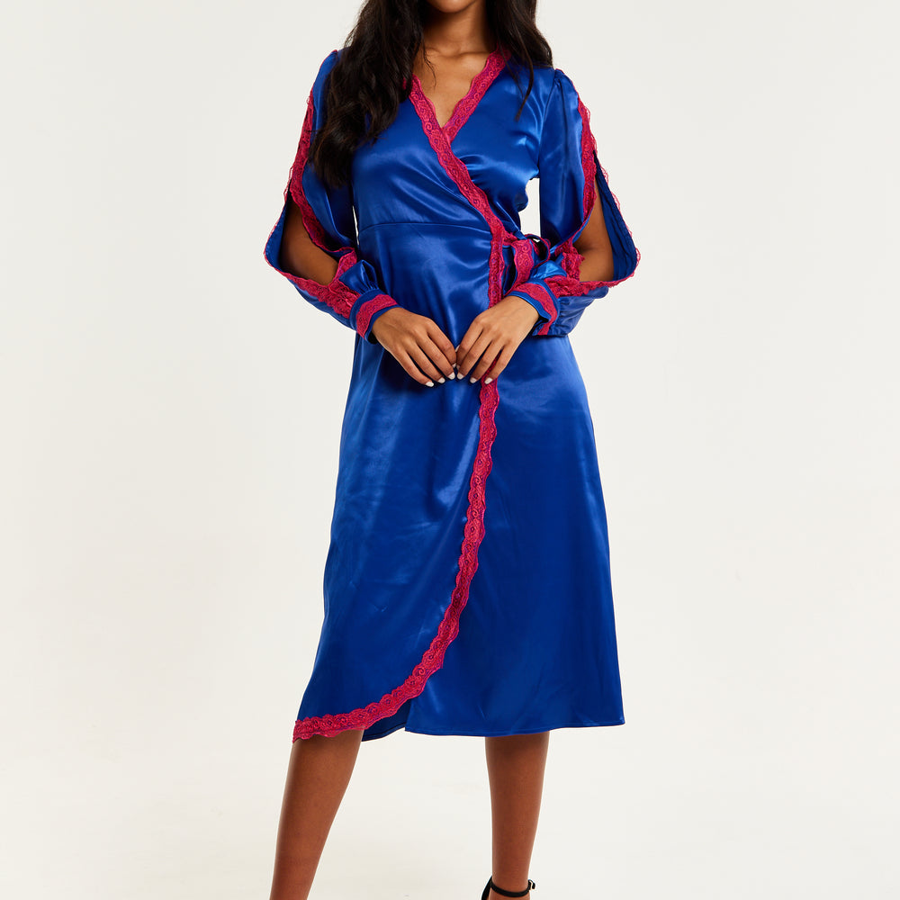 
                  
                    Liquorish Royal Blue Satin Midi Wrap Dress With Lace Details And Sleeve Slits
                  
                