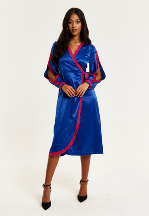 Liquorish Royal Blue Satin Midi Wrap Dress With Lace Details And Sleeve Slits