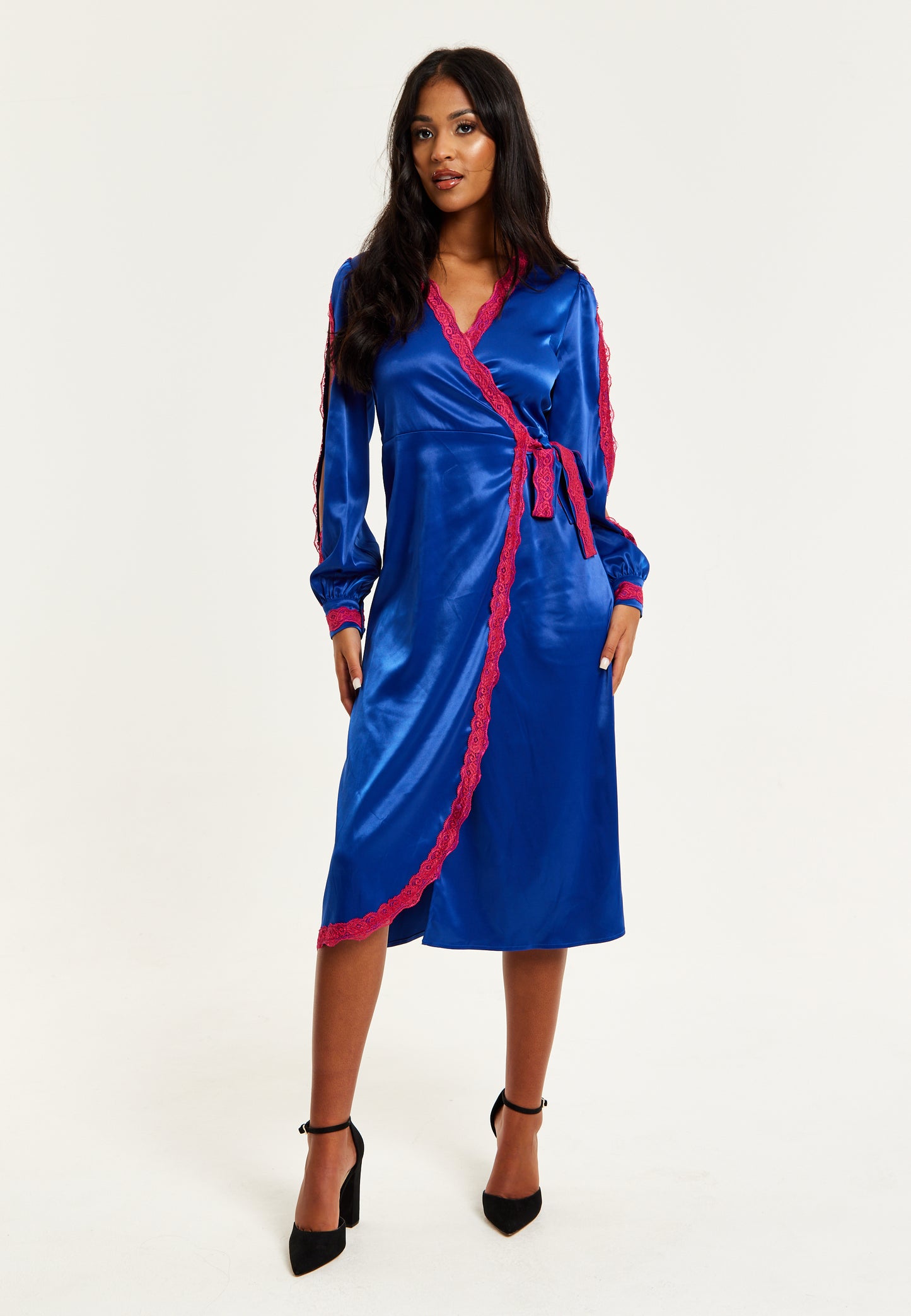 
                  
                    Liquorish Royal Blue Satin Midi Wrap Dress With Lace Details And Sleeve Slits
                  
                