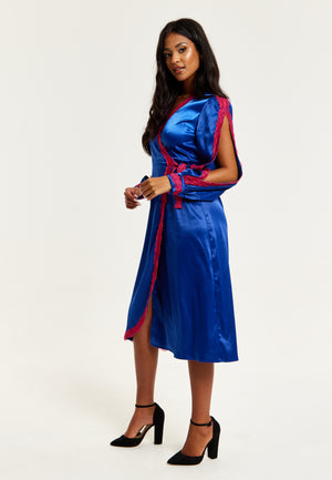 Liquorish Royal Blue Satin Midi Wrap Dress With Lace Details And Sleeve Slits