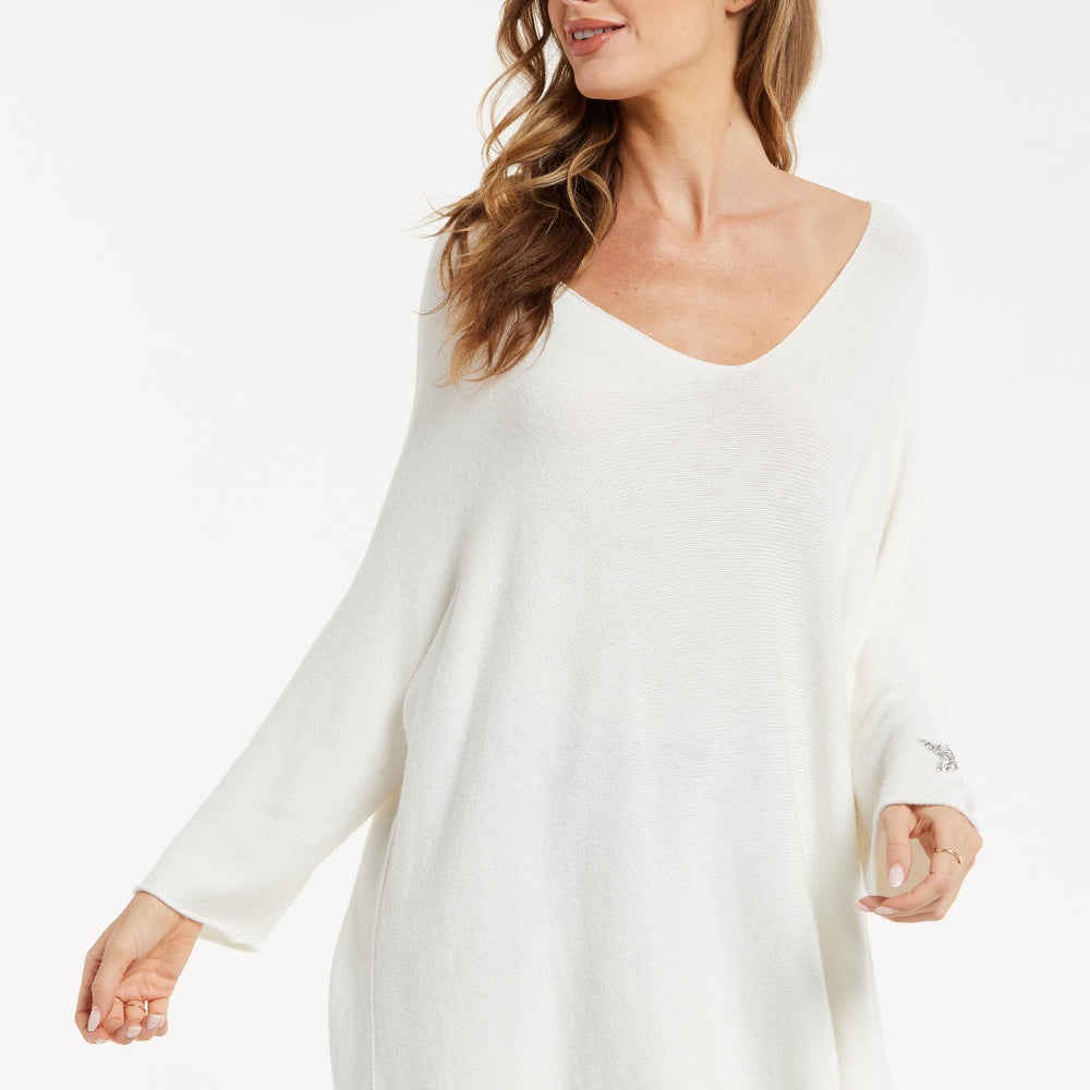 
                  
                    Liquorish Women's Jumper White V-Neck Long Sleeve with Star Embellishments
                  
                