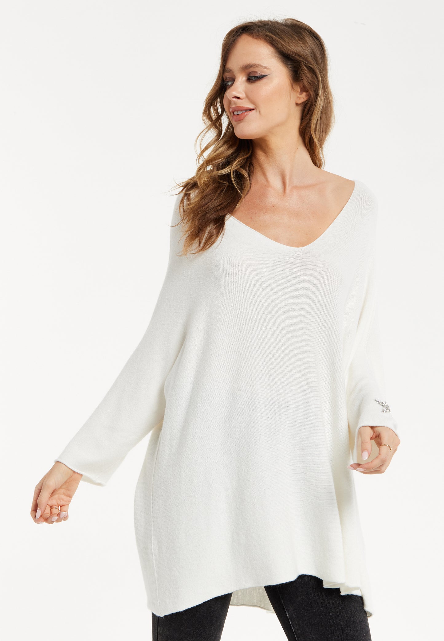 
                  
                    Liquorish Women's Jumper White V-Neck Long Sleeve with Star Embellishments
                  
                