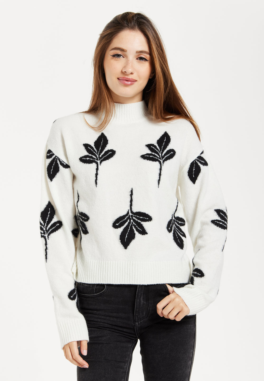 Women's Jumper with Leaf Pattern, High Neck and Long Sleeves for a Cozy Feel