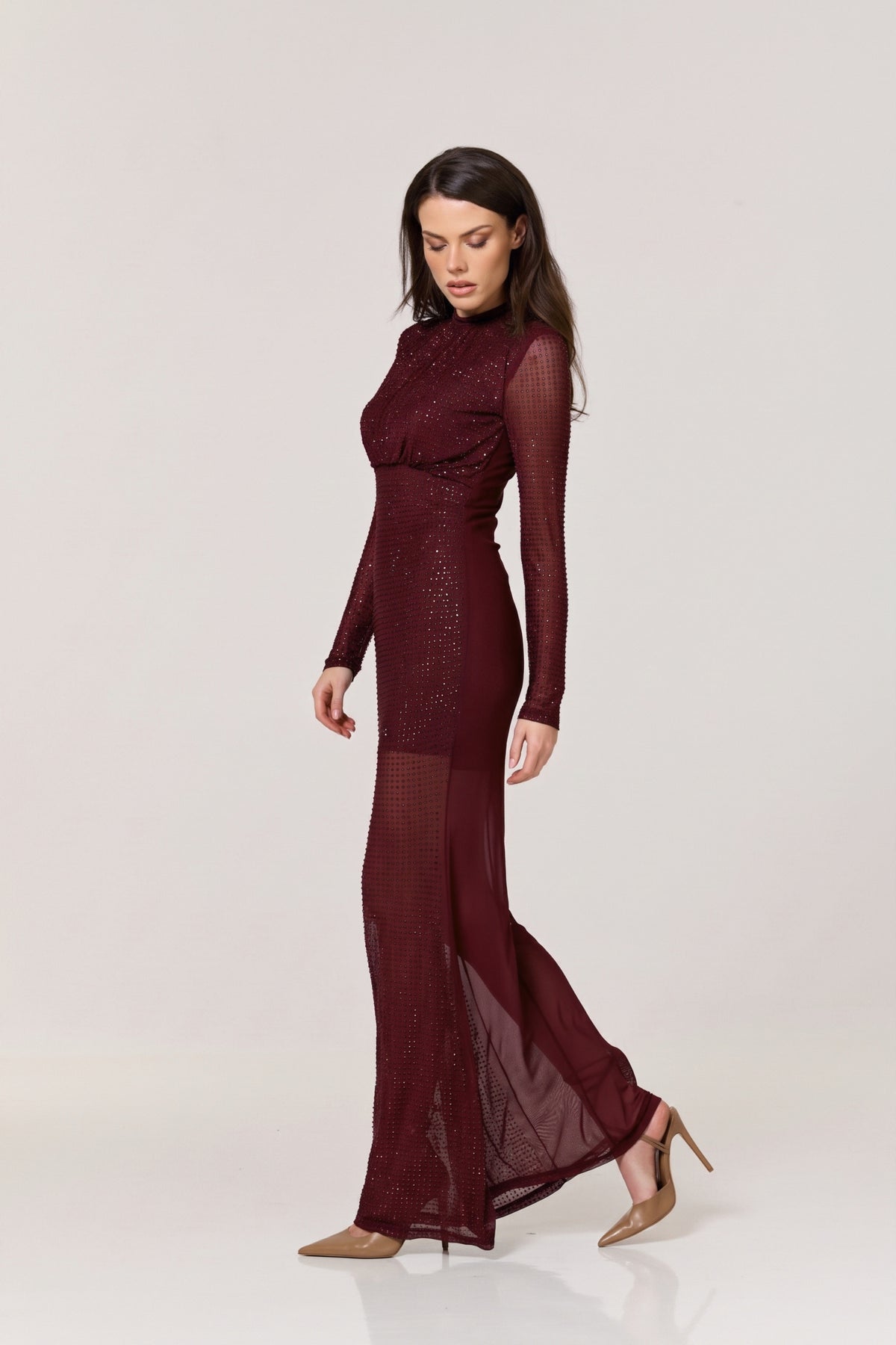 
                  
                    Burgundy Diamante Mesh Maxi Dress
                  
                
