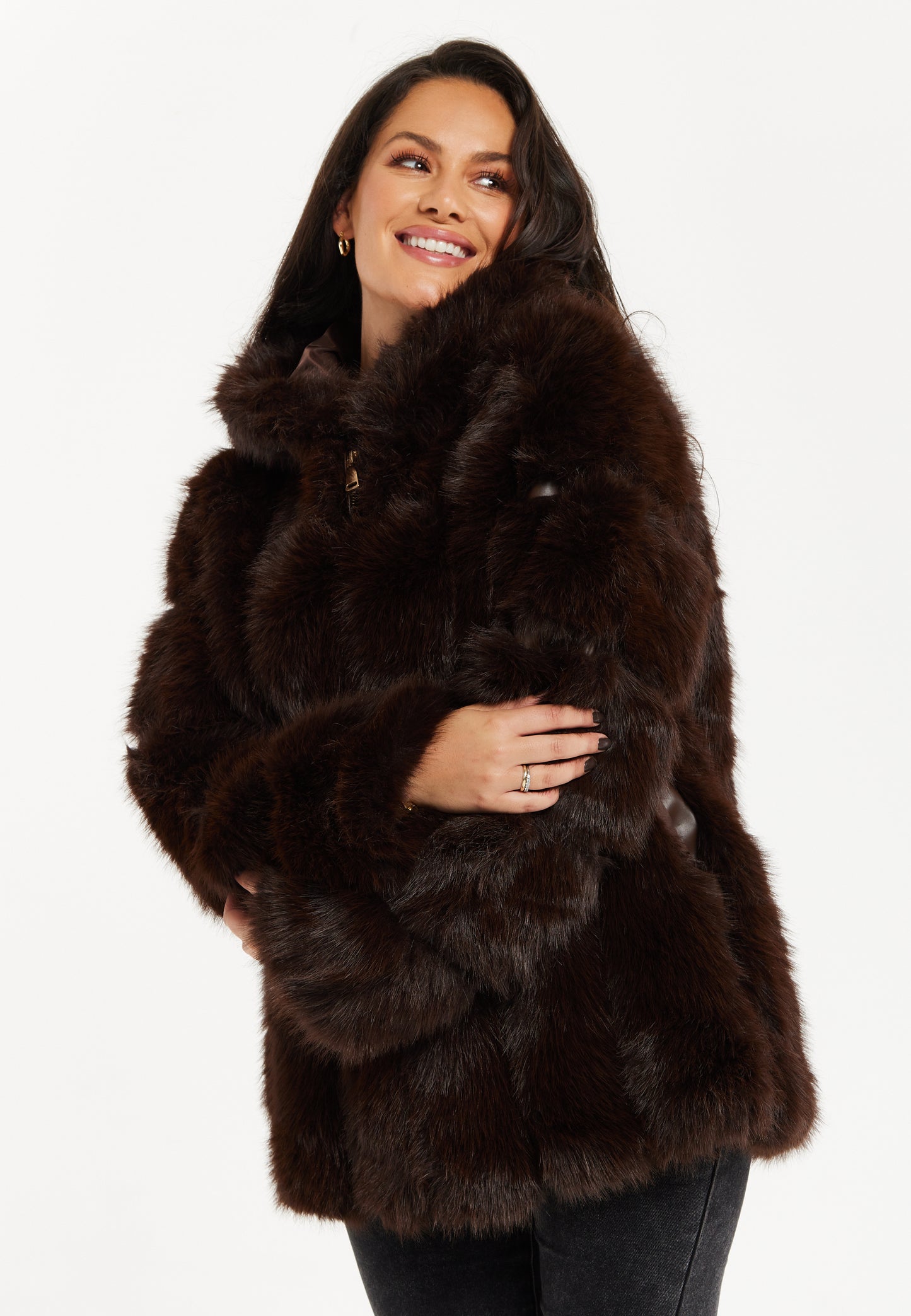 
                  
                    Women's Jacket in Luxe Chocolate Brown with Hood, Long Sleeve, Solid Pattern, Faux Fur by Liquorish
                  
                