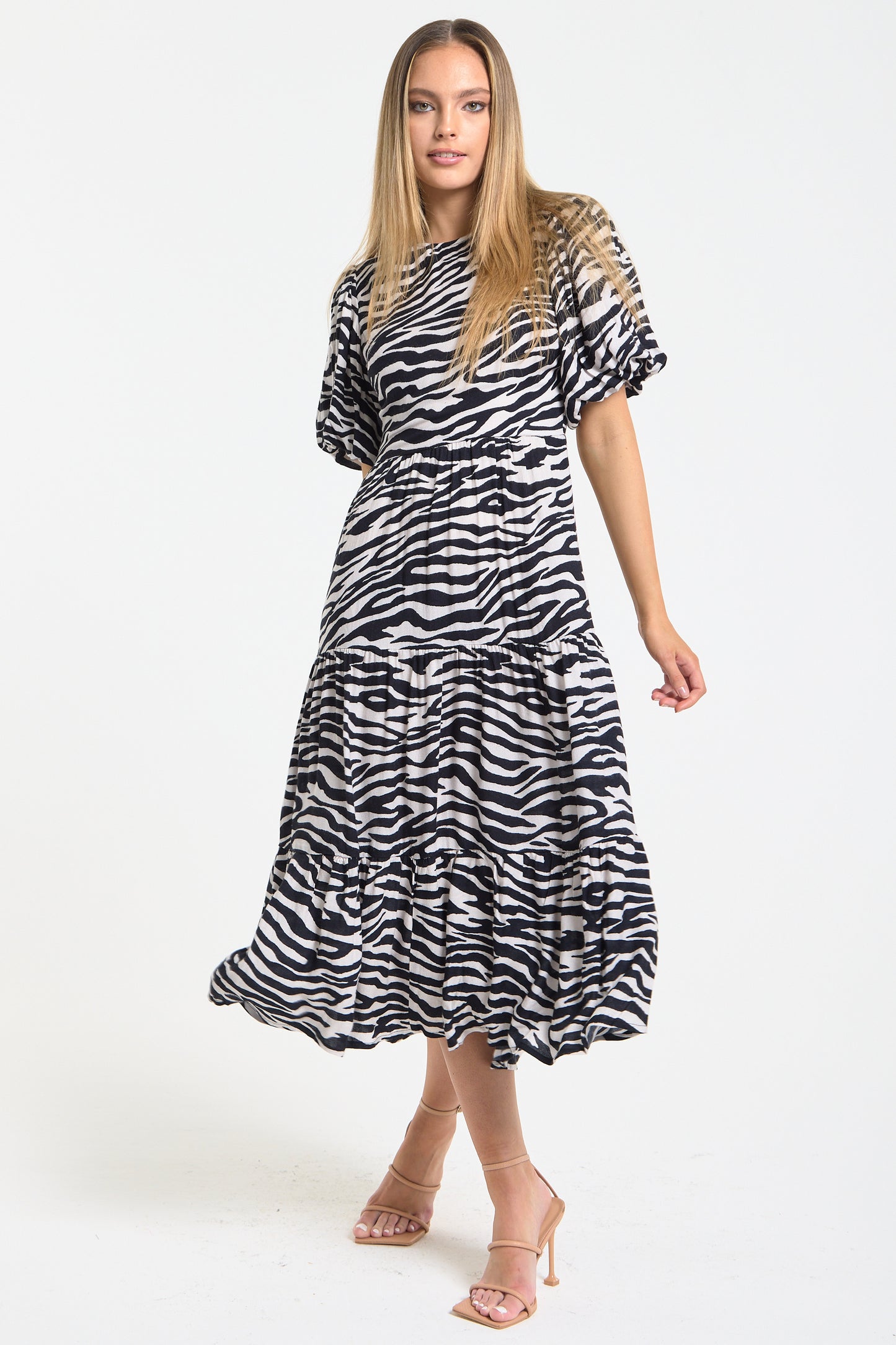 
                  
                    Zebra Print Open Back Midi Dress
                  
                