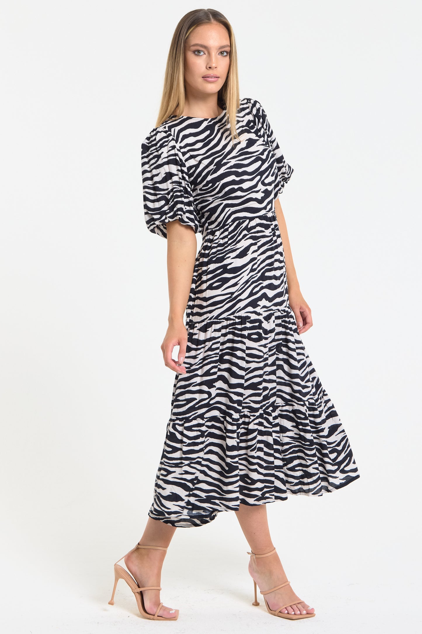 
                  
                    Zebra Print Open Back Midi Dress
                  
                