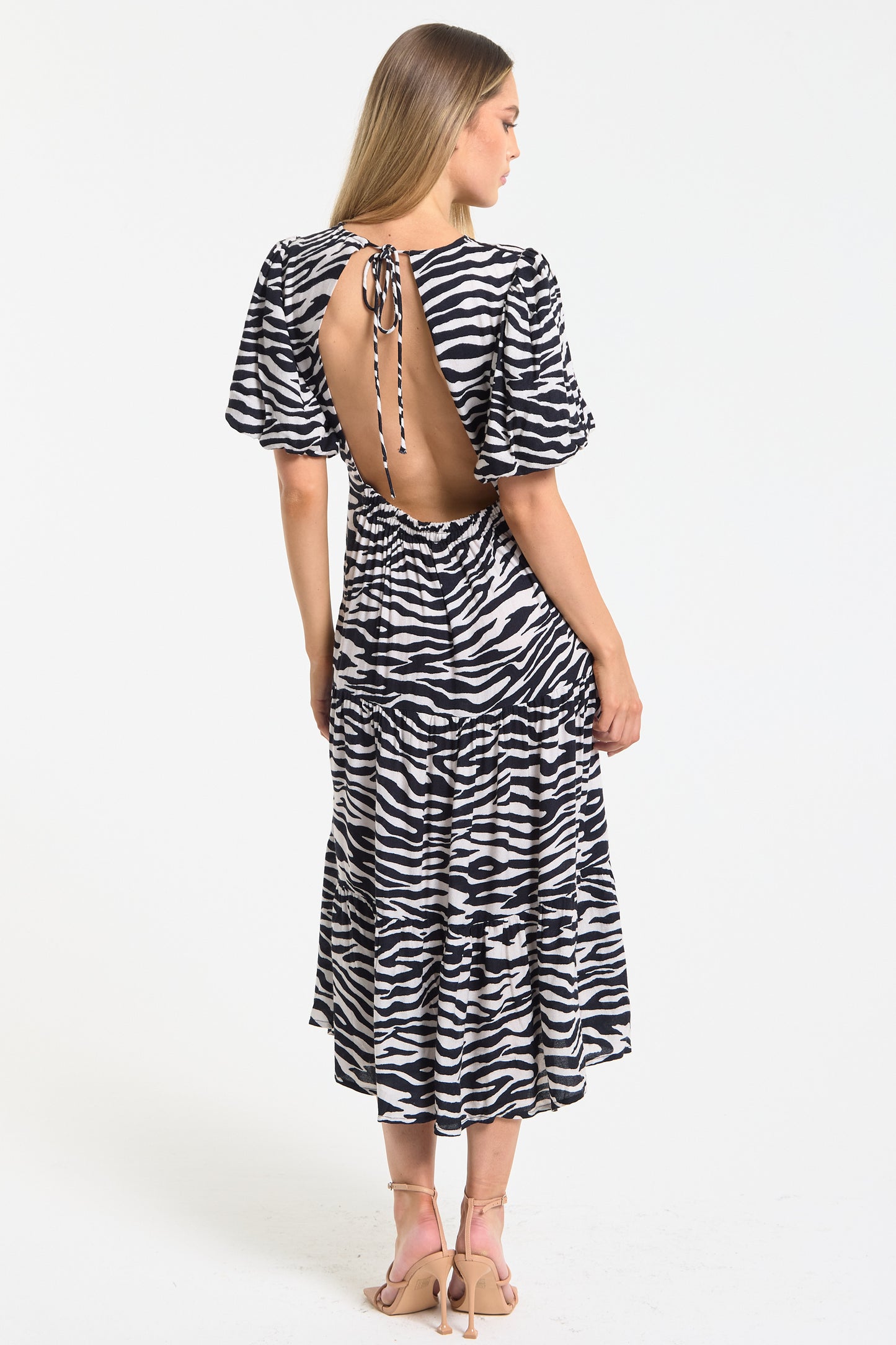 
                  
                    Zebra Print Open Back Midi Dress
                  
                