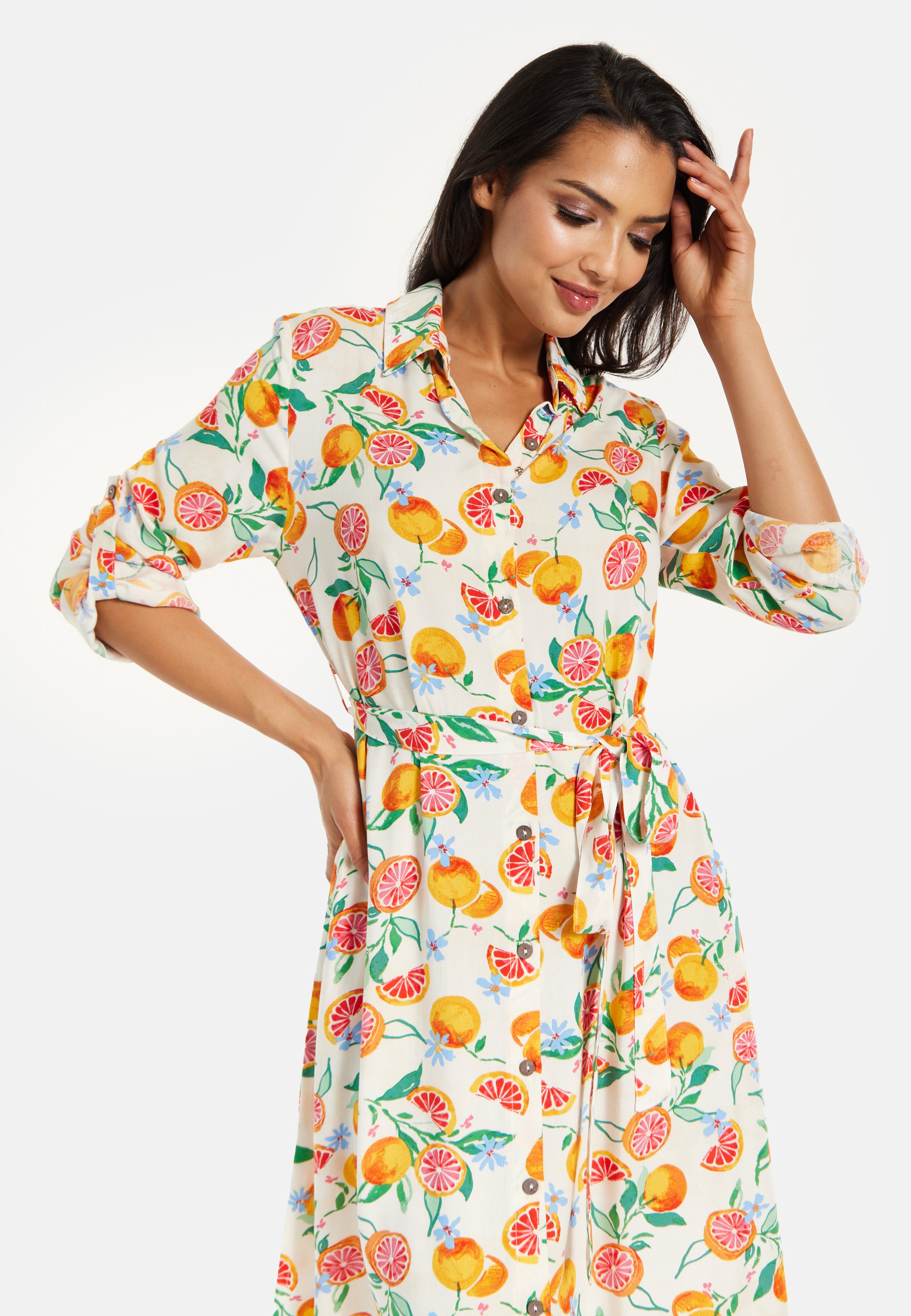 Women's Midi Dress, Fruit Print, Button-Through Design, Elegant Tie Wa Liquorish Online Women's Midi Dress, Fruit Print, Button-Through Design, Elegant Tie Wa Liquorish Online