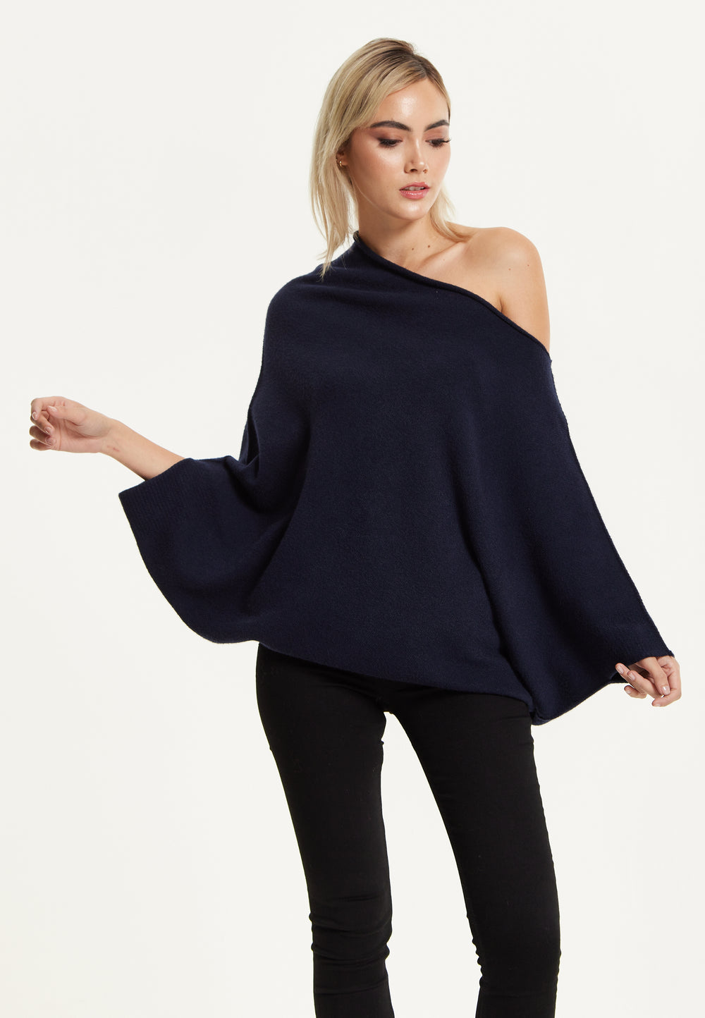 Navy Off-Shoulder Knit Poncho Top