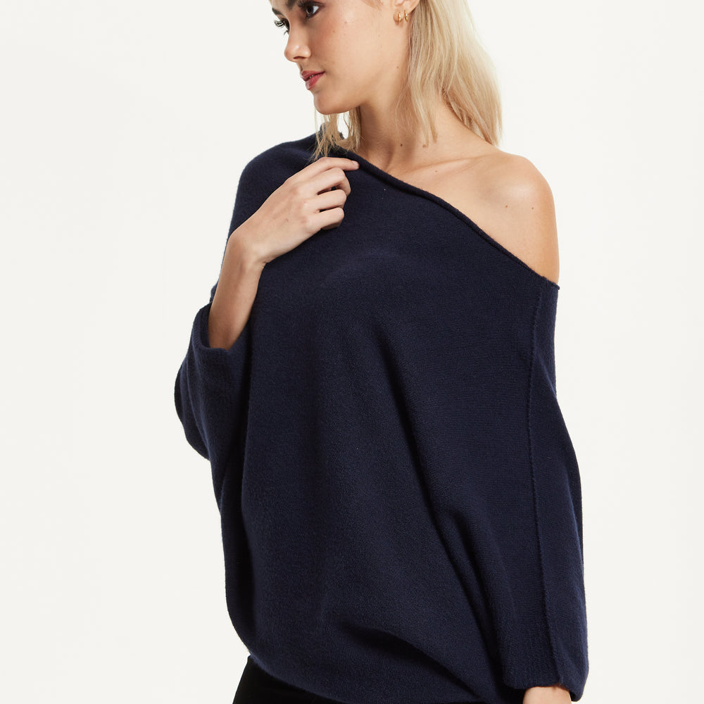 
                  
                    Navy Off-Shoulder Knit Poncho Top
                  
                