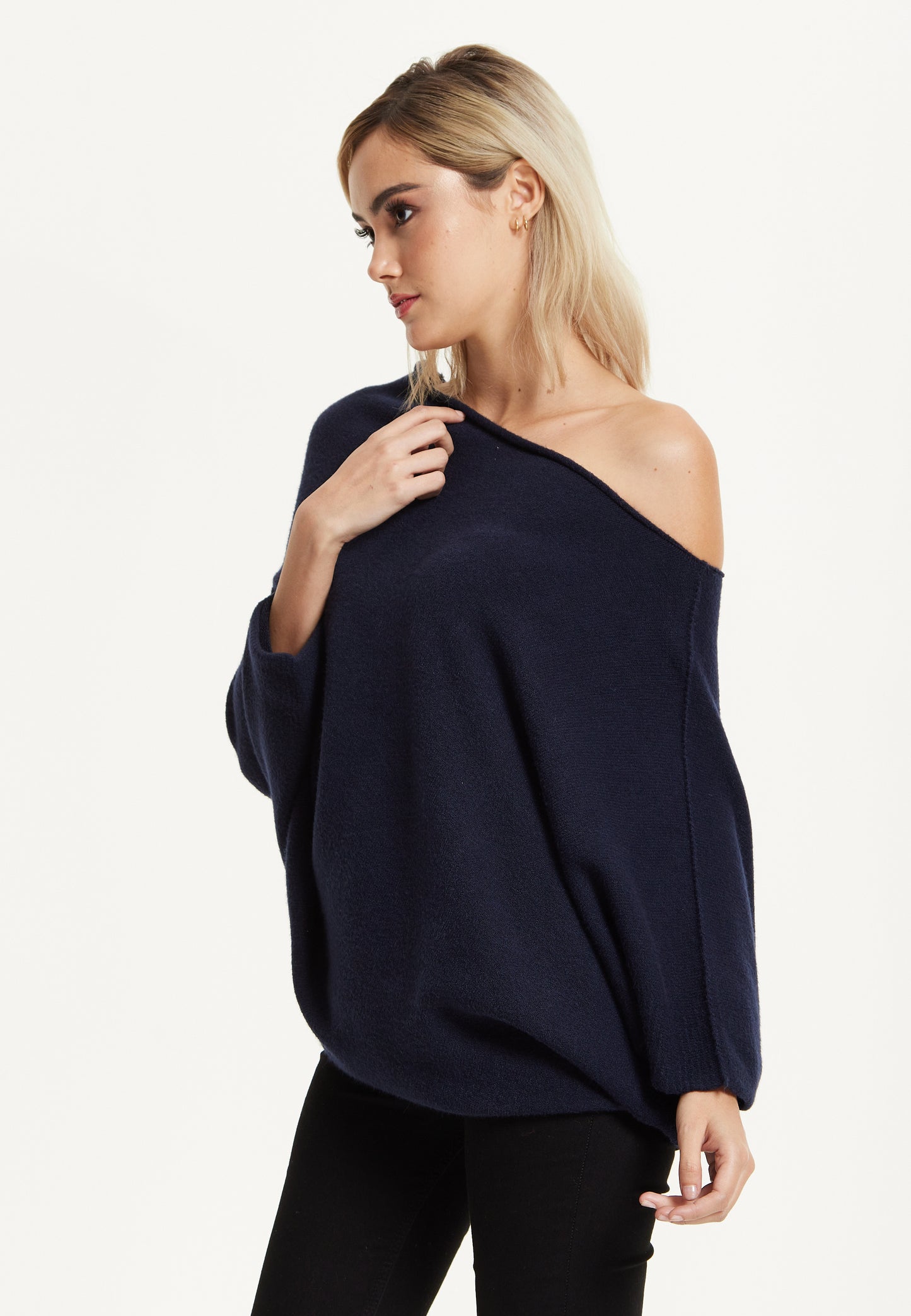 
                  
                    Navy Off-Shoulder Knit Poncho Top
                  
                