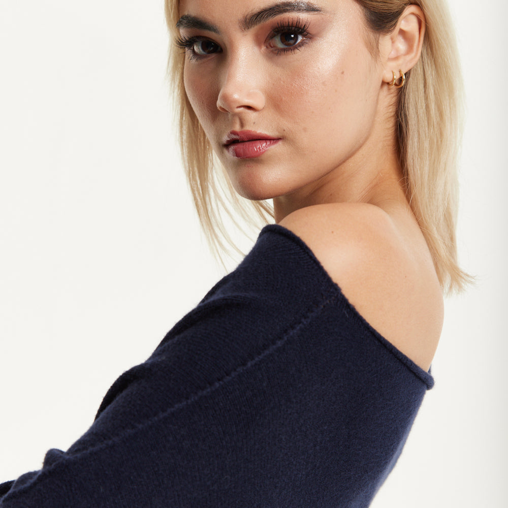 
                  
                    Navy Off-Shoulder Knit Poncho Top
                  
                