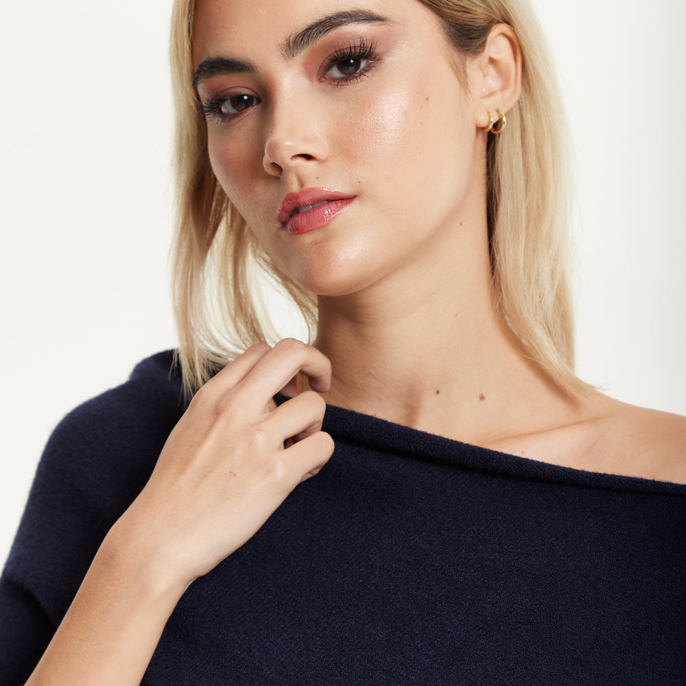 
                  
                    Navy Off-Shoulder Knit Poncho Top
                  
                