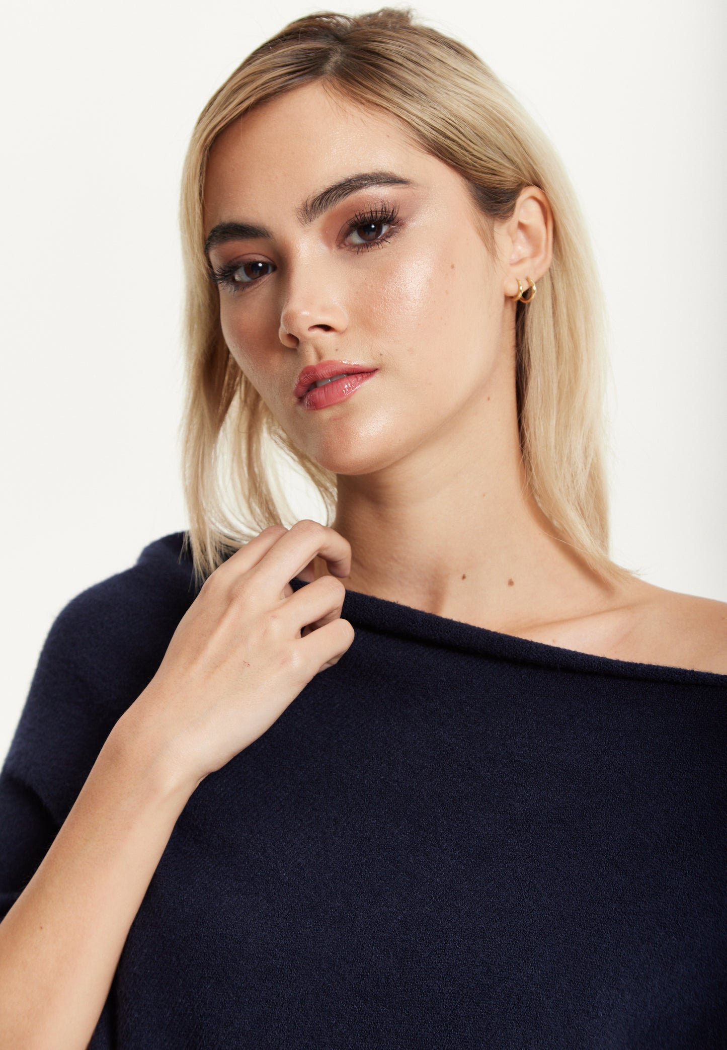 
                  
                    Navy Off-Shoulder Knit Poncho Top
                  
                