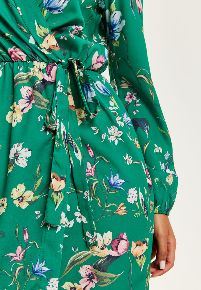 Liquorish Green Floral Print Midi Fake Wrap Dress