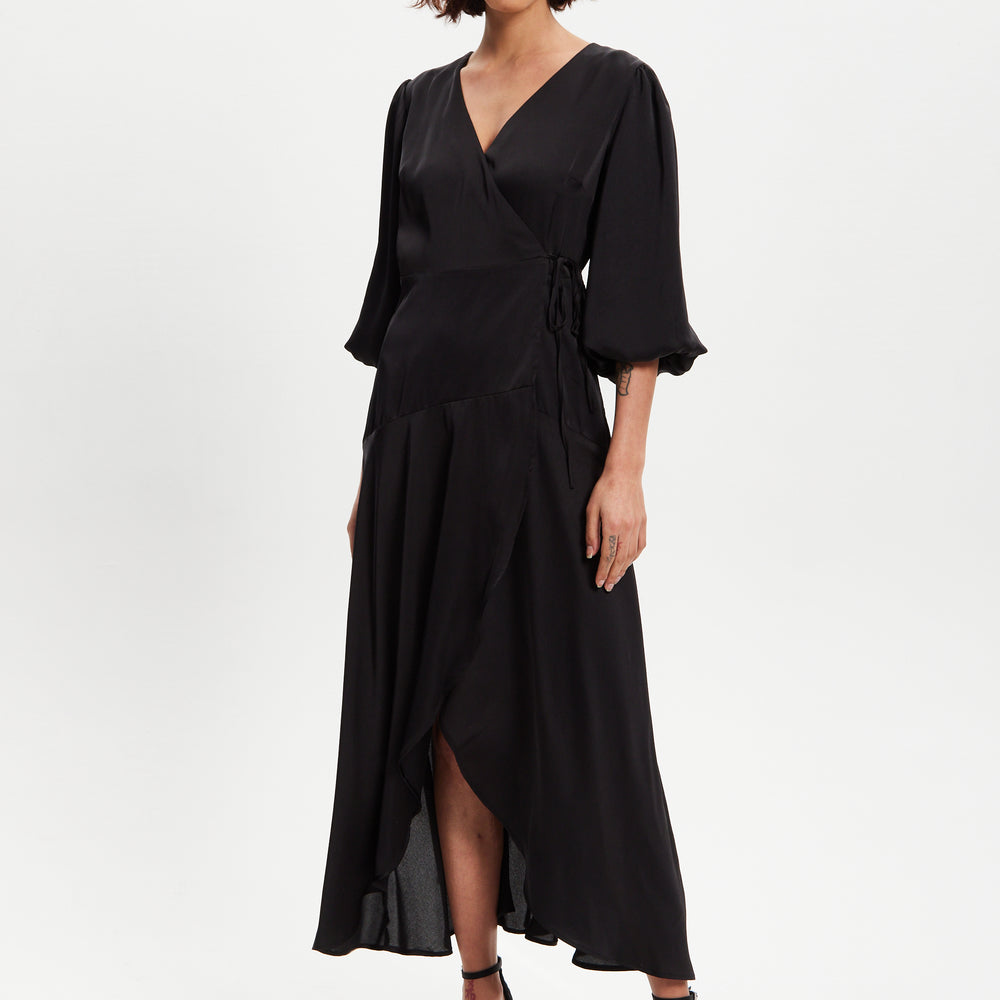 
                  
                    Liquorish Black Midi Wrap Dress With Short Puff Sleeves
                  
                
