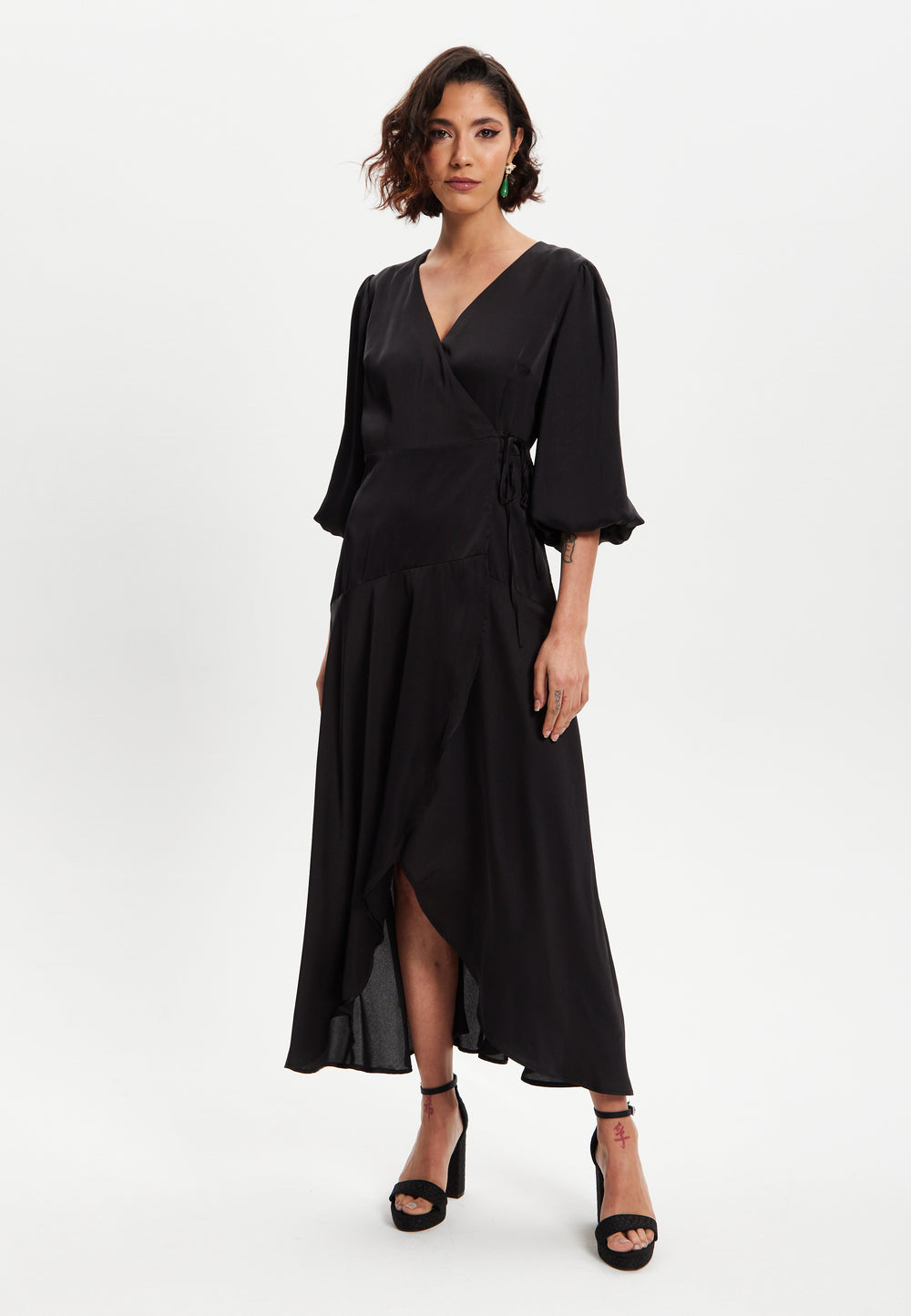 Liquorish Black Midi Wrap Dress With Short Puff Sleeves