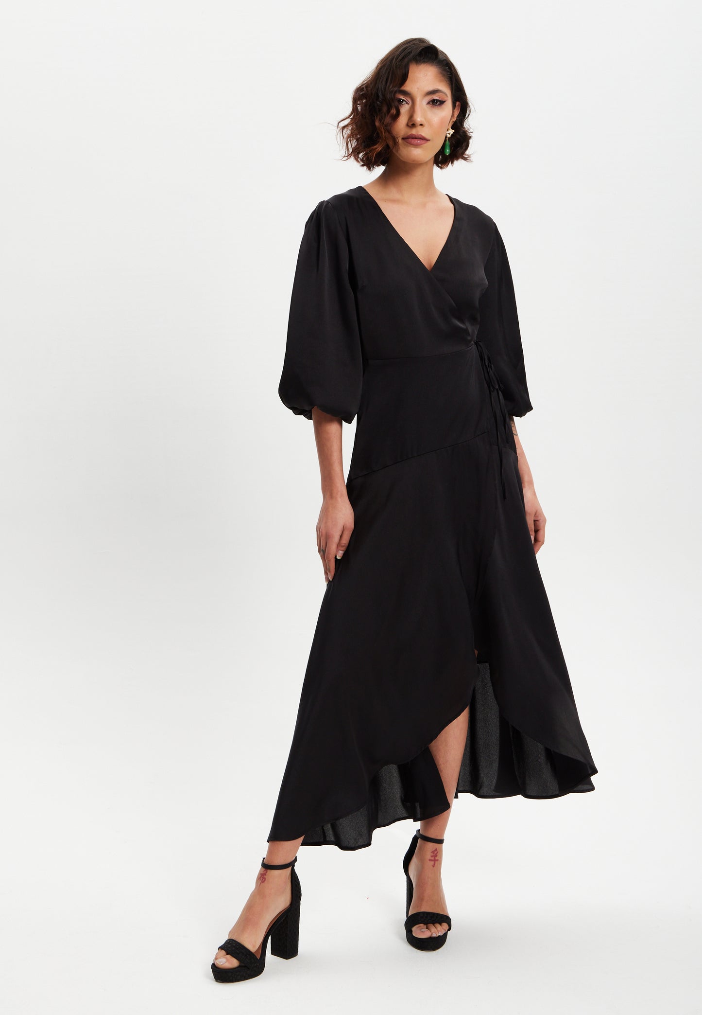 
                  
                    Liquorish Black Midi Wrap Dress With Short Puff Sleeves
                  
                