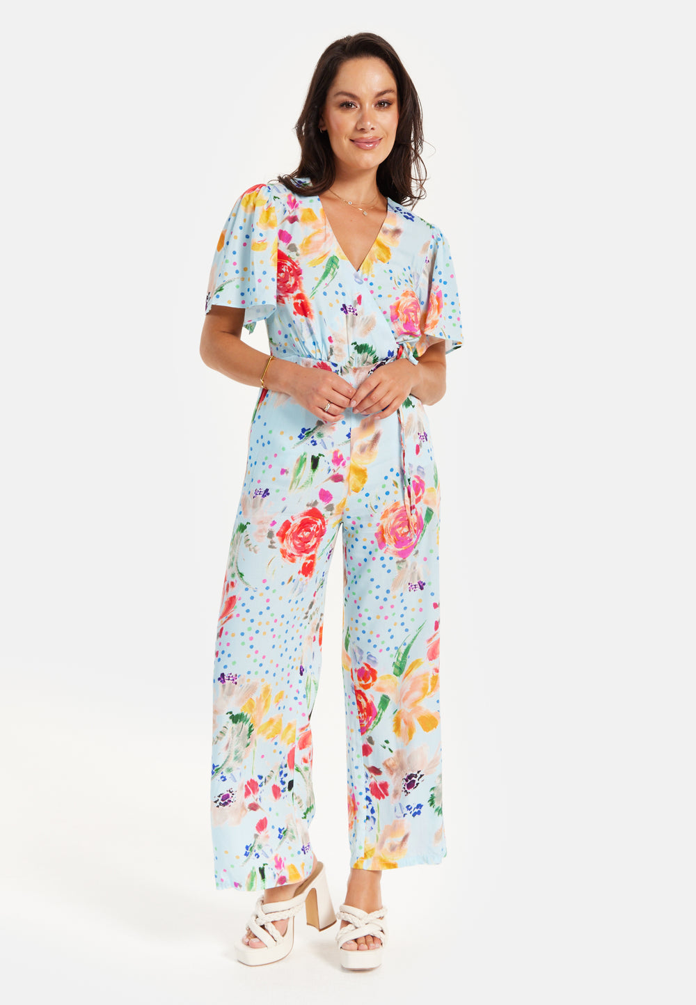 Liquorish Blue Floral Print Jumpsuit With Wide Legs