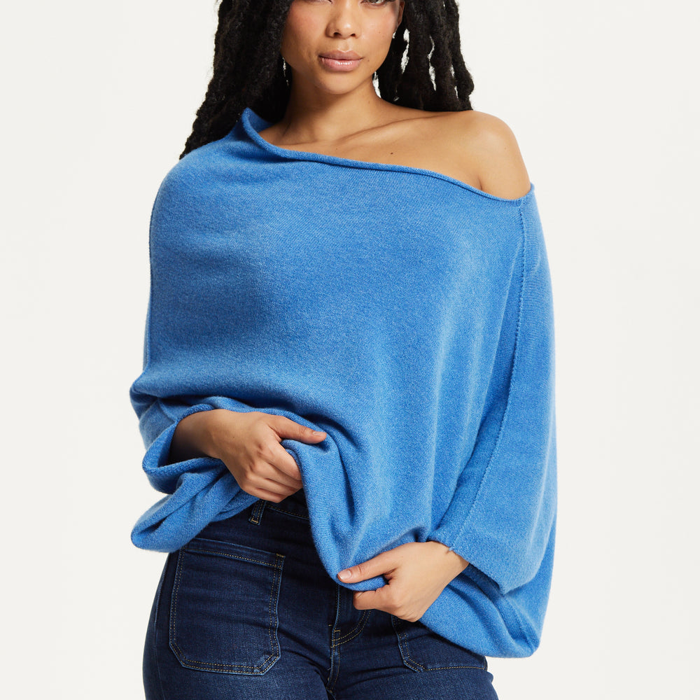 
                  
                    Blue Off-Shoulder Knit Poncho Top
                  
                