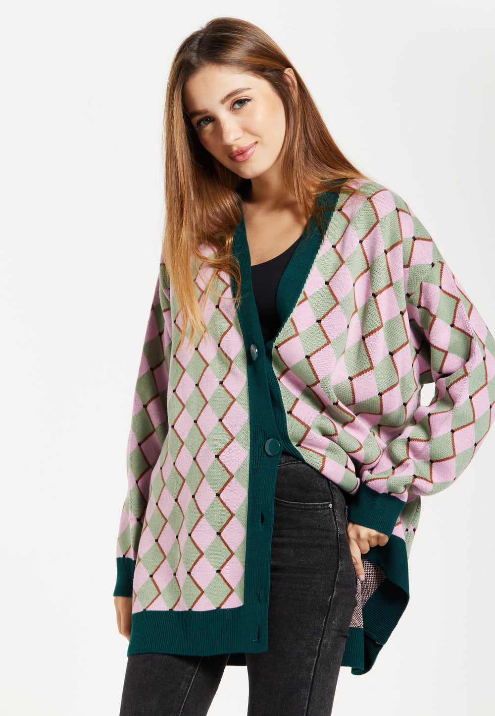 Diamond Pattern Cardigan In Pink & Green