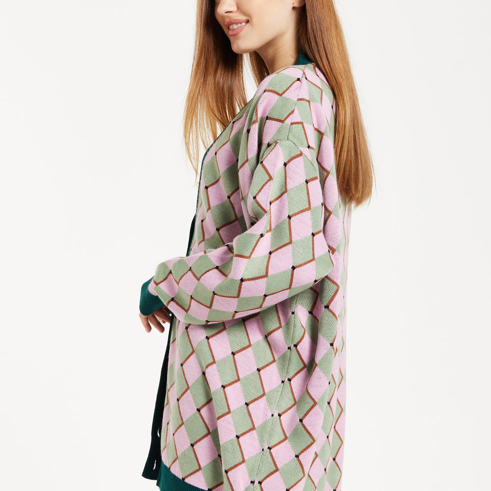 
                  
                    Diamond Pattern Cardigan In Pink & Green
                  
                