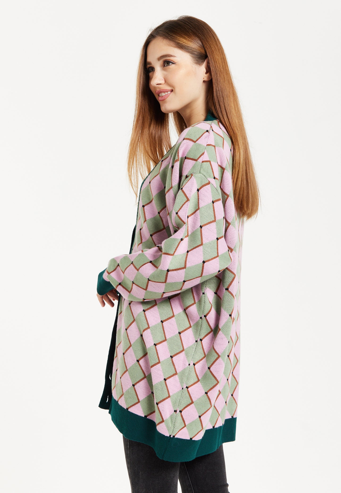 
                  
                    Diamond Pattern Cardigan In Pink & Green
                  
                