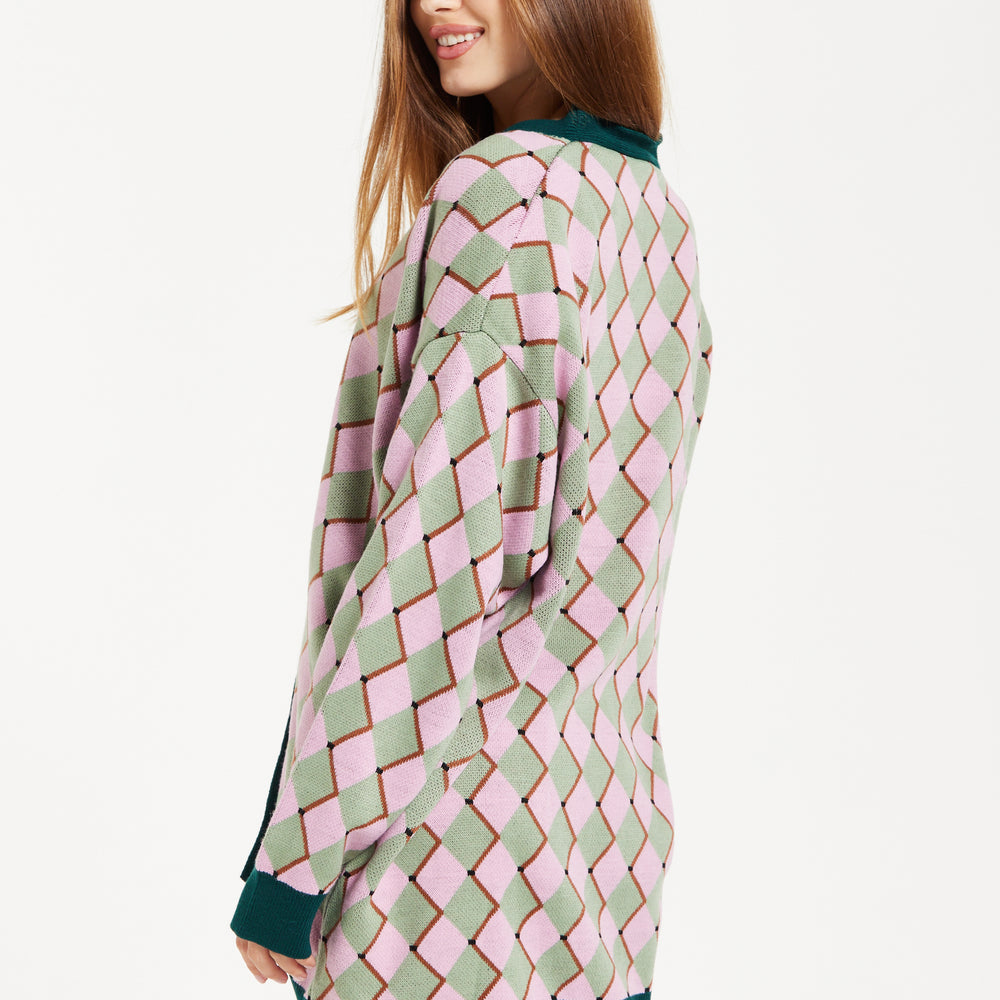 
                  
                    Diamond Pattern Cardigan In Pink & Green
                  
                