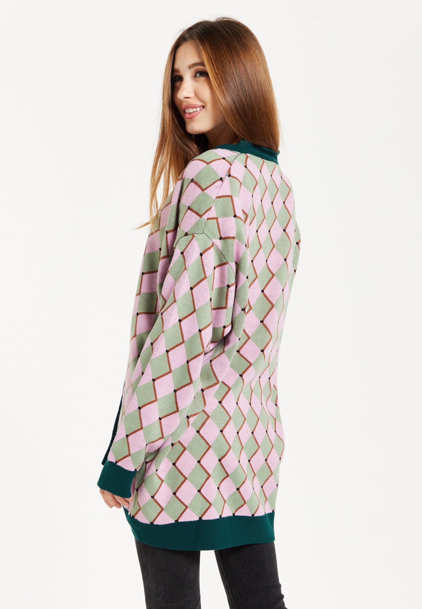 
                  
                    Diamond Pattern Cardigan In Pink & Green
                  
                