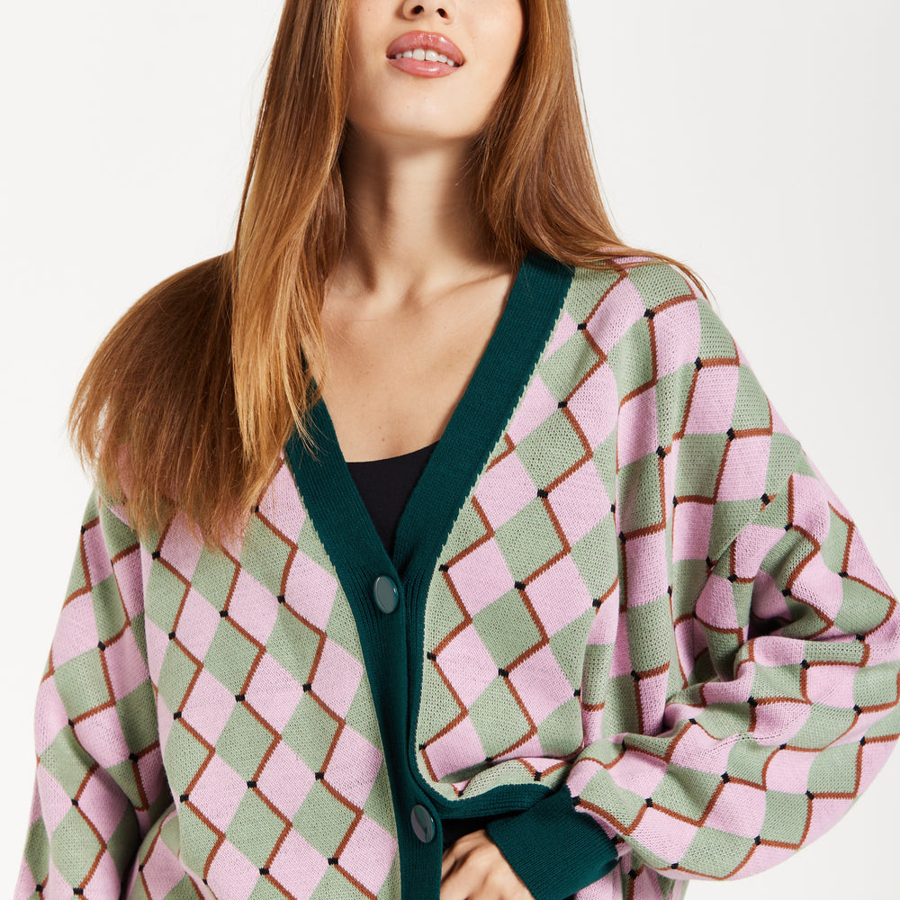 
                  
                    Diamond Pattern Cardigan In Pink & Green
                  
                