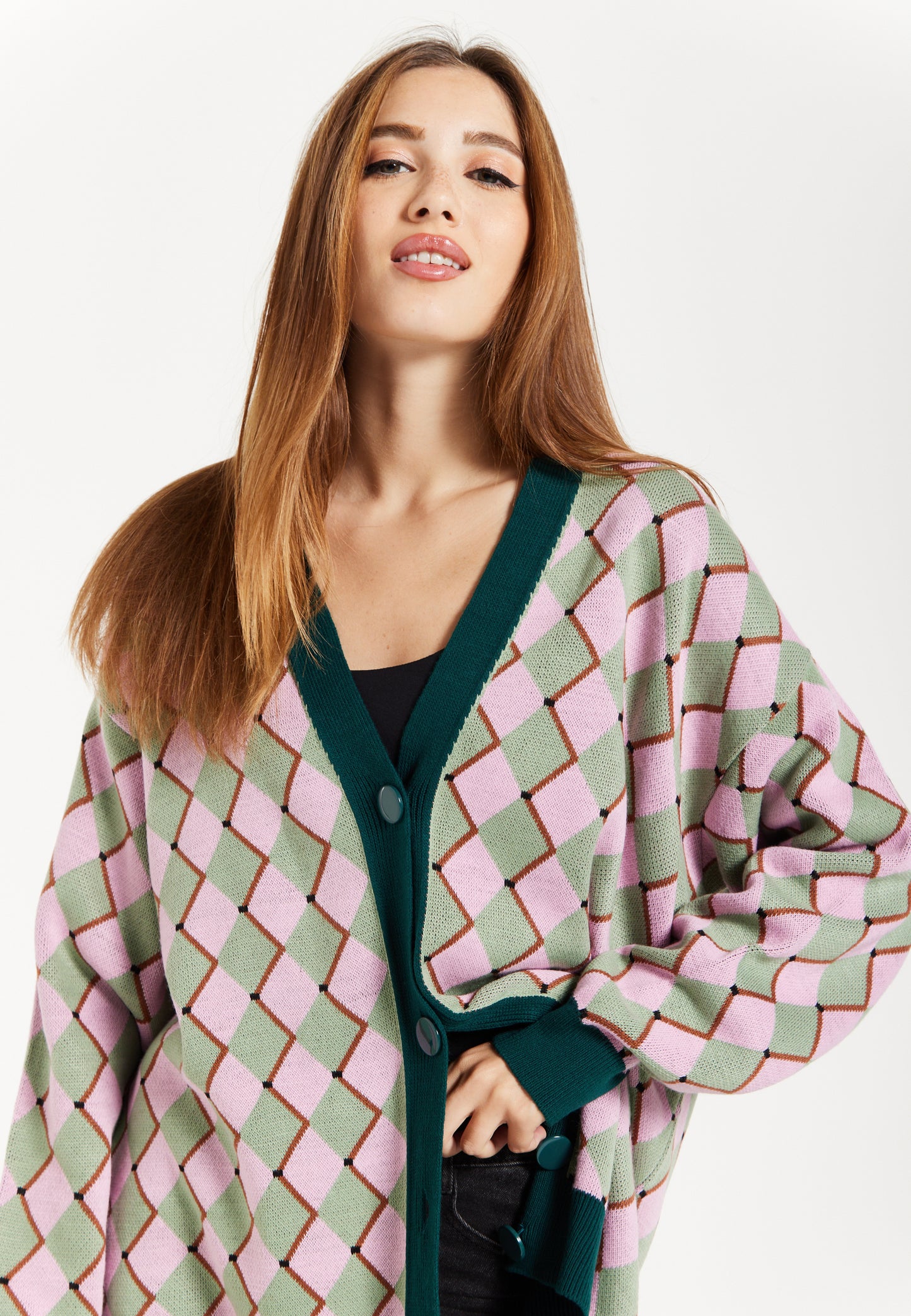 
                  
                    Diamond Pattern Cardigan In Pink & Green
                  
                