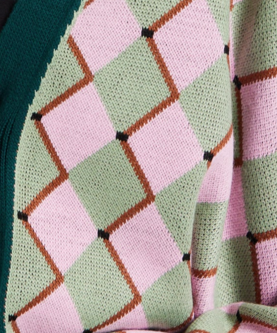 
                  
                    Diamond Pattern Cardigan In Pink & Green
                  
                