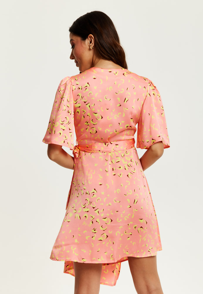 Liquorish Mini Abstract Animal Print Wrap Dress in Peach